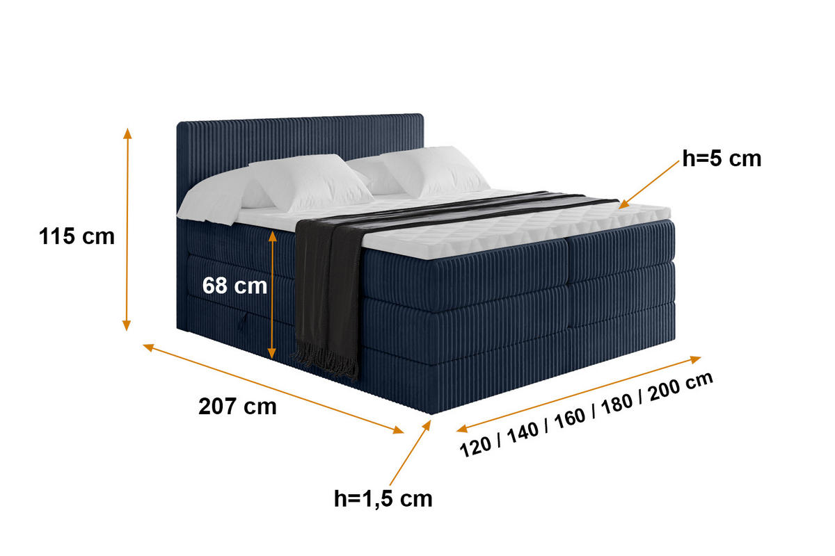 BOXSPRINGBETT mit Matratze H3|H4 und Lattenrost - TOLO KING 200x200 Cord - Dunkelblau - Dunkelblau, Holzwerkstoff (200/200cm) - ALTDECOR