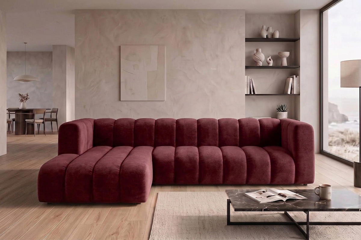 ECKSOFA Modulares In L-Form, Velvet-Stoff Riviera, Rotwein, Links, GRAND 318 cm - Dunkelrot, Holz (318/179cm) - Kaiser Möbel