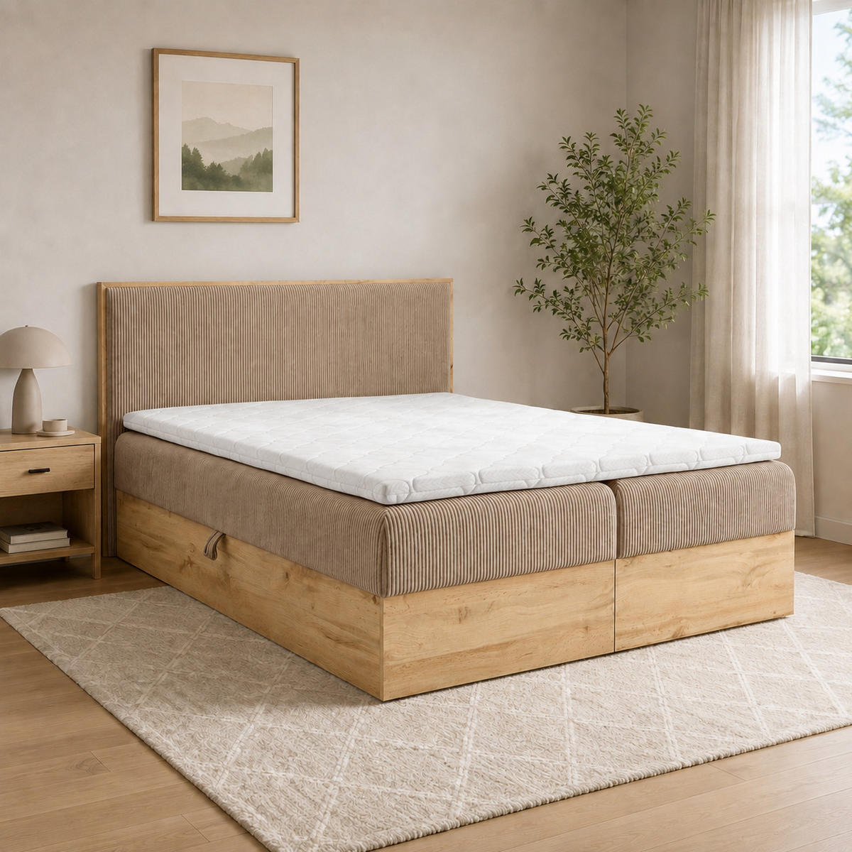 BOXSPRINGBETT Holzoptik Sonoma mit Topper 120x200 cm Hellbraun - Hellbraun, Textil (120/200cm) - Home Collective
