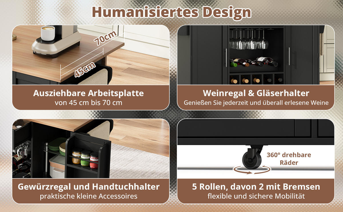 KÜCHENINSEL Küchenwagen KLAPPBARE ARBEITSPLATTE und WEINREGAL, Schwarz Holzoptik, mobile , 138/70/92 cm - Schwarz, Kunststoff (70/92/138cm) - Rolipo