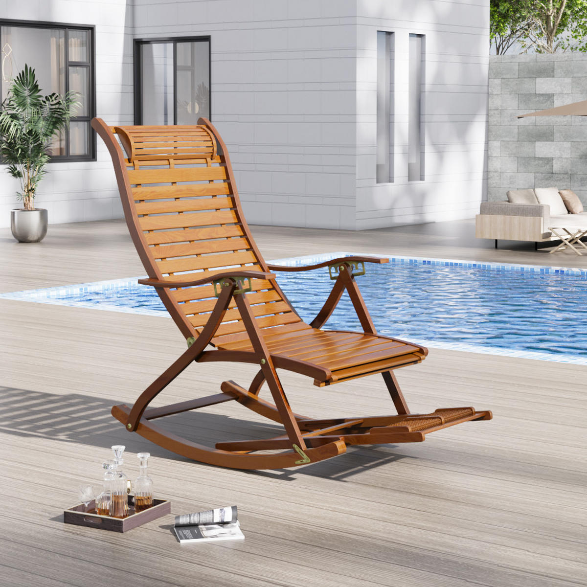 GARTENSCHAUKELSTUHL Relaxsesselaus aus Bambus Stahl in Braun für Garten Balkon klappbar verstellbar 47 x 95 x 72-108 cm Belastbarkeit 150 kg - Braun, Metall (47/108/95cm) - Livingandhome