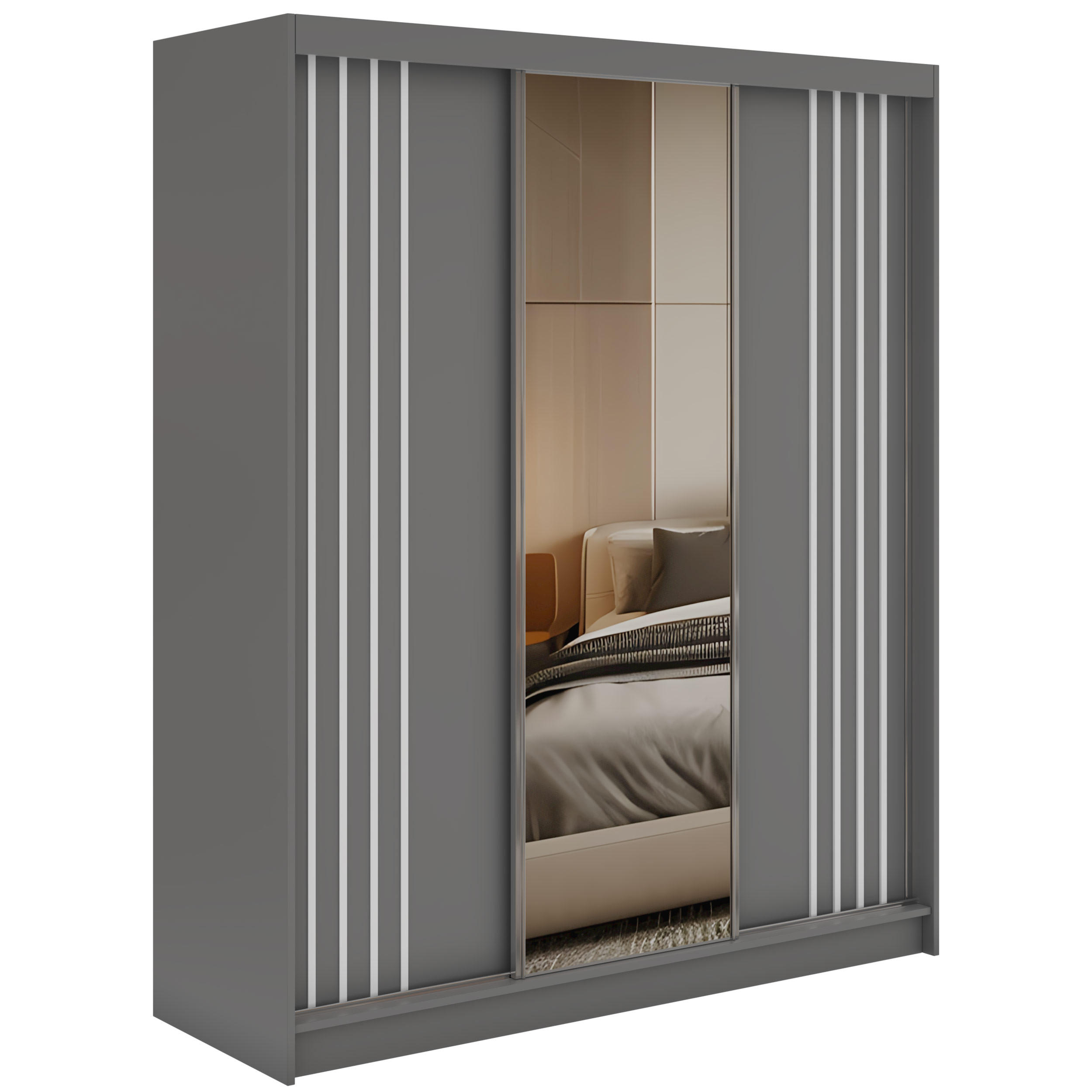 SCHWEBETÜRENSCHRANK mit Lamellen, Spiegel und Schubladen DIANA - 180 - Grau und Weiß - Alufarben/Weiß, Holzwerkstoff/Metall (180/216/61cm) - MKS