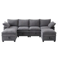 WOHNLANDSCHAFT aus Cord 280x151x82 cm Grau mit USB-Anschlüssen, Stauraum, Getränkehaltern und 2 Fußhockern - Grau, Textil (151/82/280cm) - Modfu