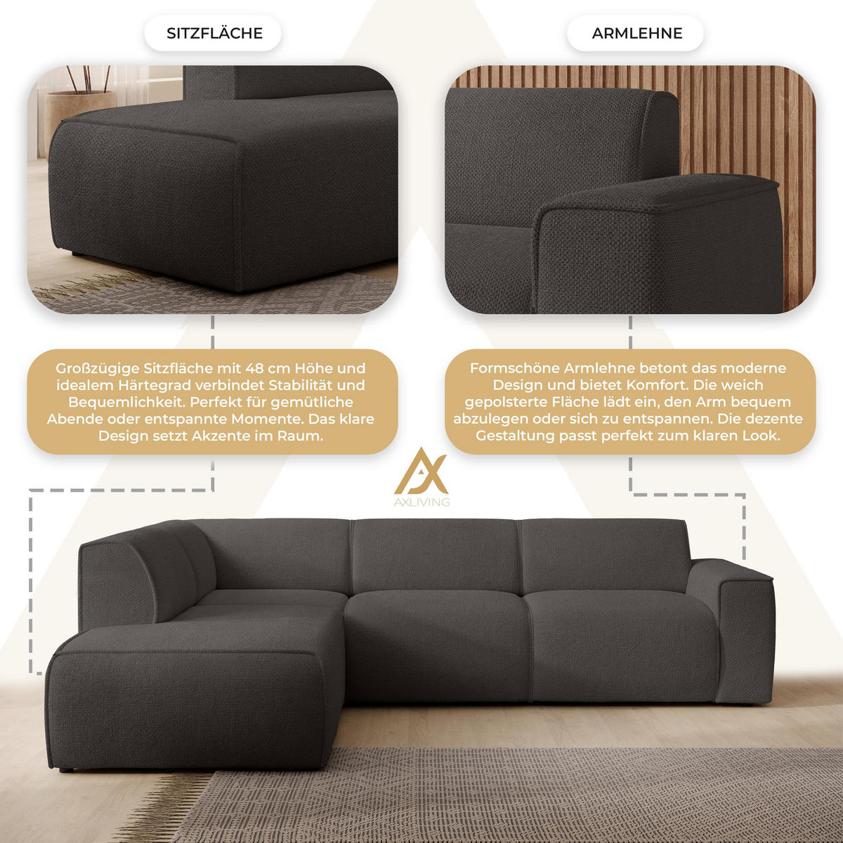 ECKSOFA L Form Didim Grau 292/220/78 cm – großes Sofa stilvoll & bequem L - Schwarz/Grau, Kunststoff/Textil (220/292cm) - AX Living