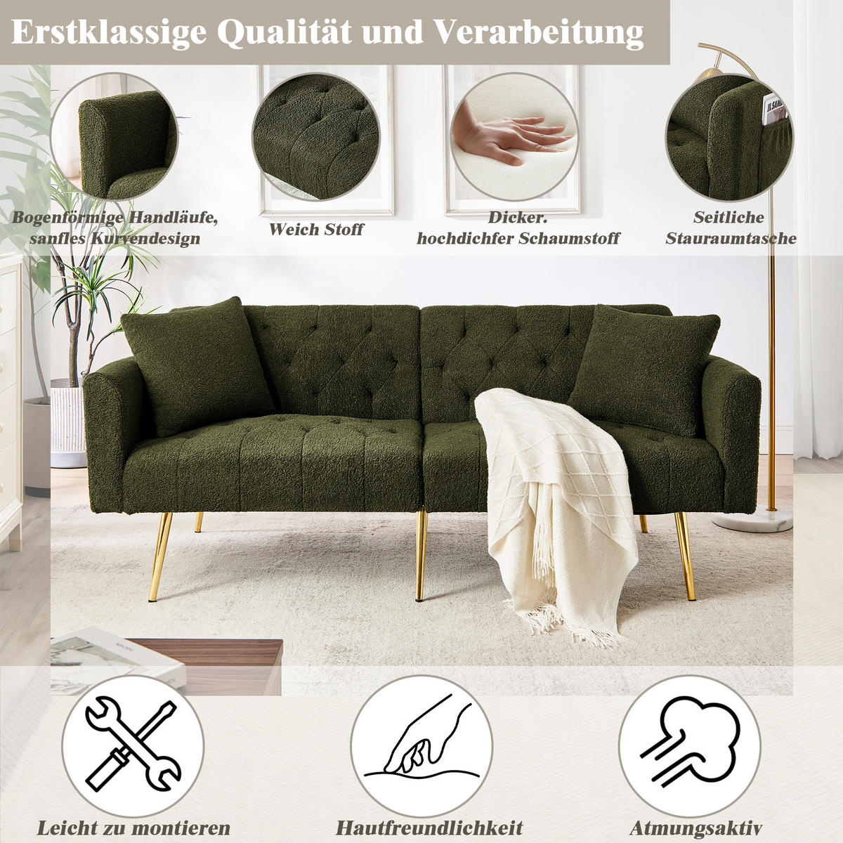 SCHLAFSOFA 177/78/74 cm in Green Teddyfell mit Aufbewahrungstasche - Grün, Textil (177/74/78cm) - Oxeza