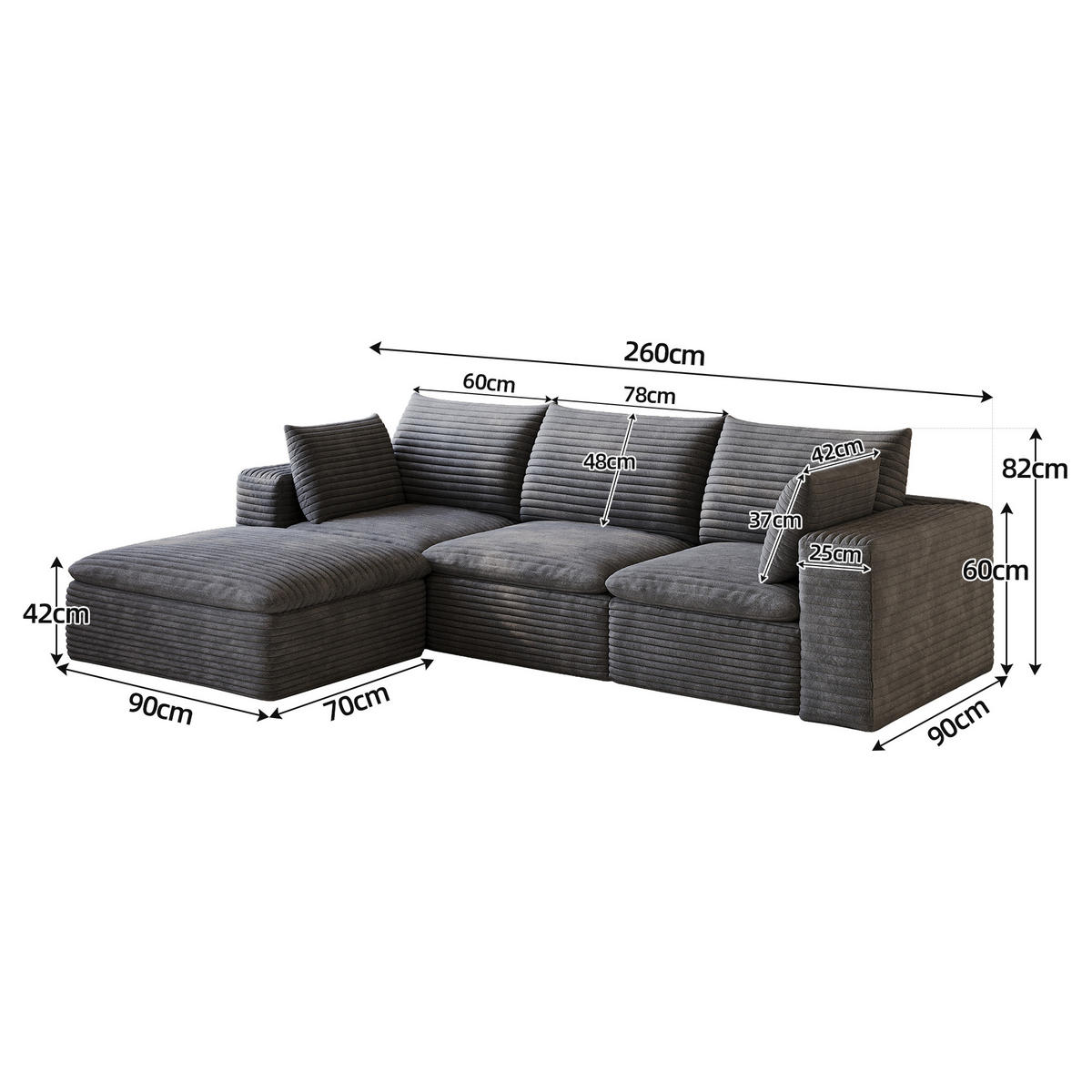 SOFA Modulární cloud pohovka z manšestru tmavě šedá 260 cm - tmavě šedá, textil (260/160cm) - Urban Meuble