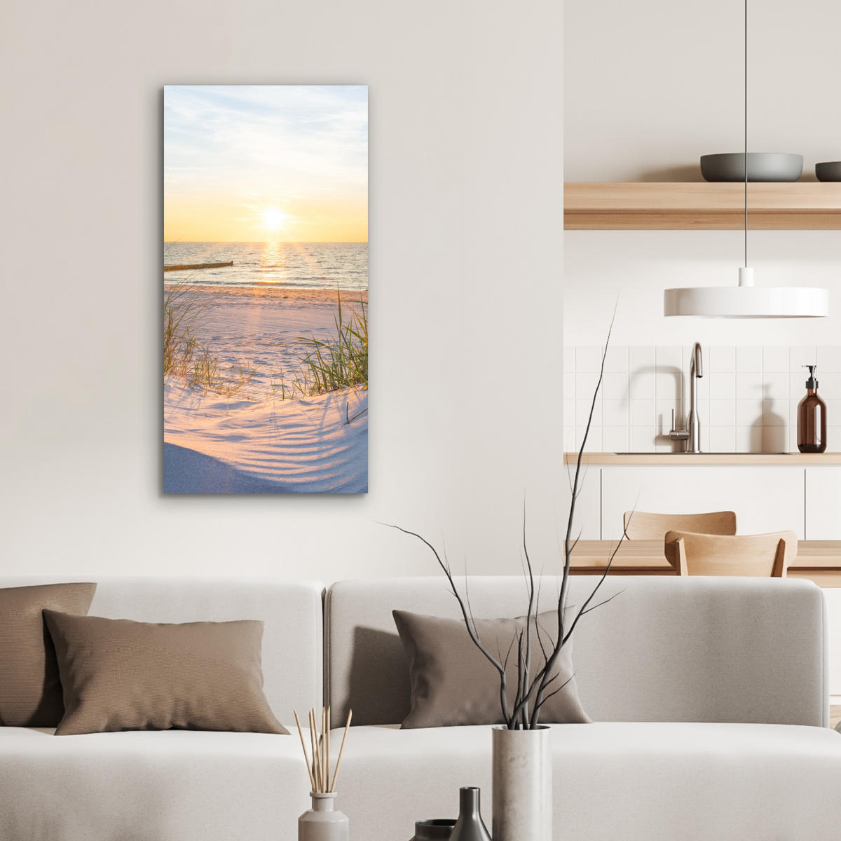 KOVOVÝ OBRAZ Pláž - Slnko - Duny - Tráva - Piesok - Horizont 40x80 cm - svetlomodrá, kov (40/80cm) - MuchoWow