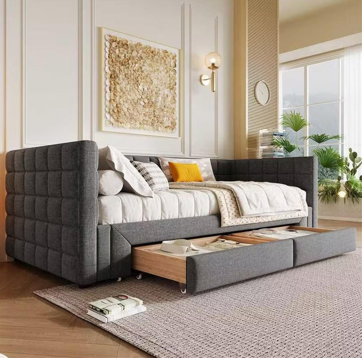 BETT 90/200 cm Grau aus Samt mit Ausziehfunktion und 2 Schubladen - Grau, Textil (90/200cm) - OKMYHOME