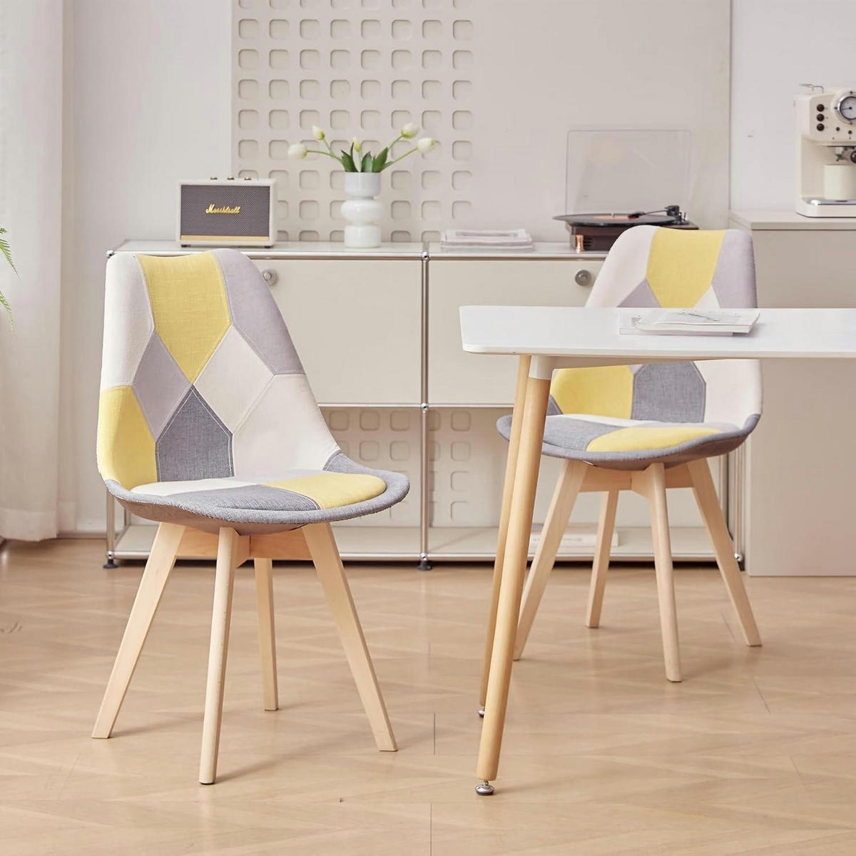 ESSZIMMERSTUHL 2-teiliges Set Patchwork Gelb Massivholzbeine - Multicolor, Textil (49/83/42cm)