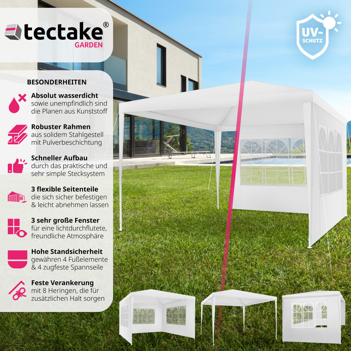 PAVILLON Baraban,inklusive Spannseile und Heringe,weiß - Weiß, Kunststoff (300/250/300cm) - tectake