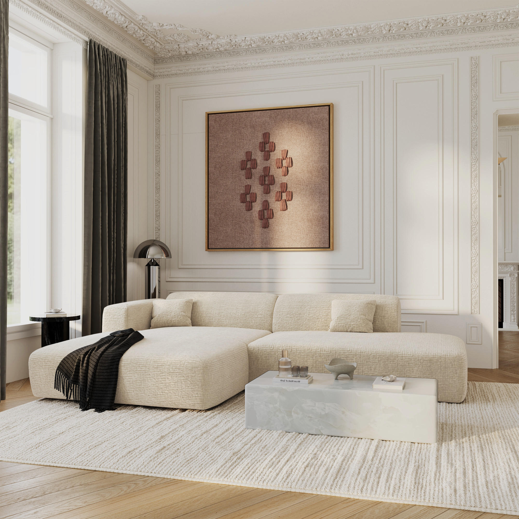 ECKSOFA LINKS Gemusterter Samt Creme 310cm - Creme, Textil (96/300cm) - Sia Home