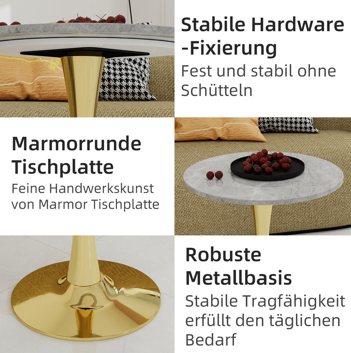BEISTELLTISCH 70/70/72 cm vielseitig einsetzbar mit runder Marmoroptik und modernem Design, Goldfarben - Goldfarben, Stein (70/70/72cm) - Redom