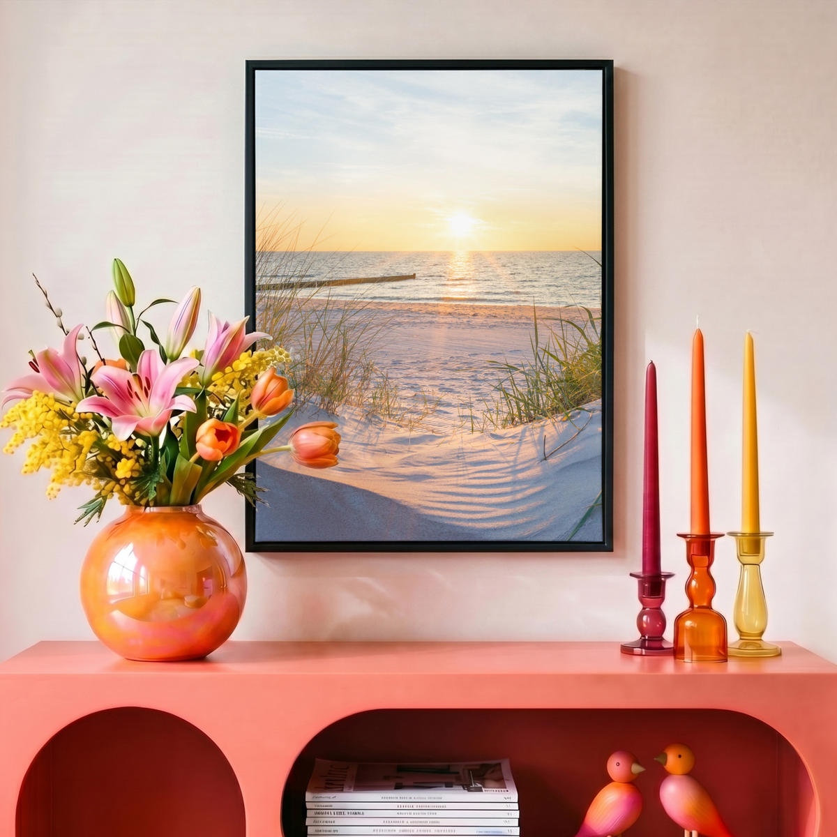 LEINWAND Bilder mit Rahmen - Strand - Sonne - Düne - Gras - Sand - Horizont - 30x40 - Hellblau, Textil (30/40cm) - MuchoWow