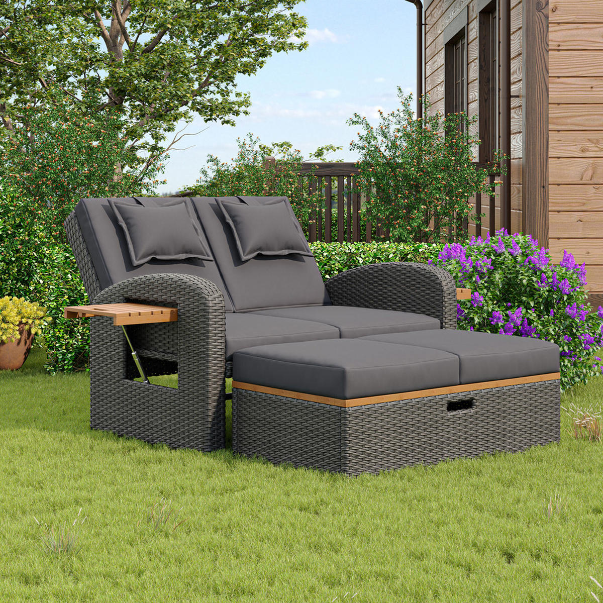 GARTENLOUNGE 2 Personen Grau Rattan verstellbar mit Hocker Kissen - Grau, Metall (53/29.21/84.8cm) - FLIEKS