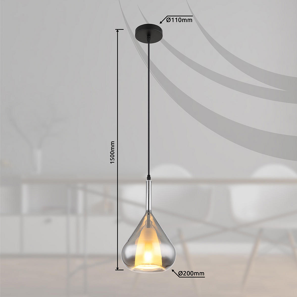 HÄNGELEUCHTE Metall Schwarz Glas rauchfarben - Schwarz, Glas (20/20/150cm) - Globo Lighting