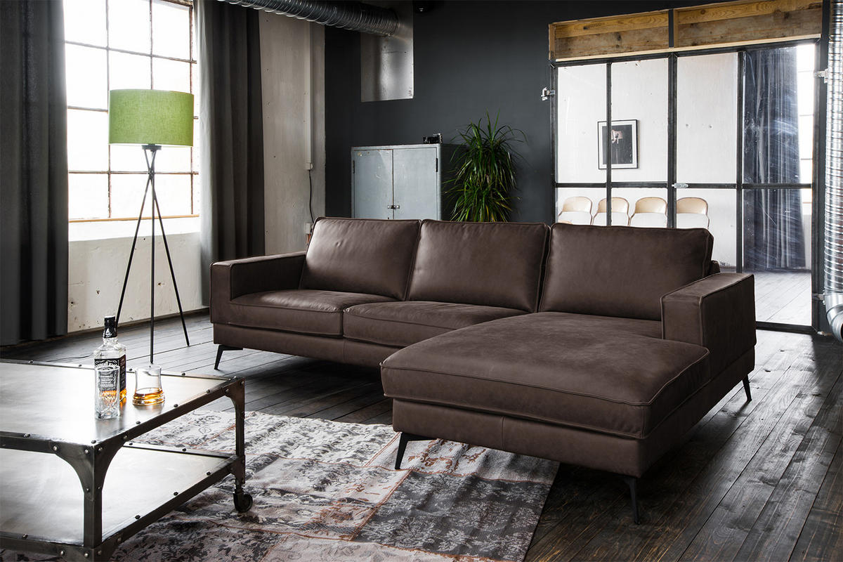 ECKSOFA BLOOM Dunkelbraun Leder - Dunkelbraun/Schwarz, Leder (276/177cm) - KAWOLA