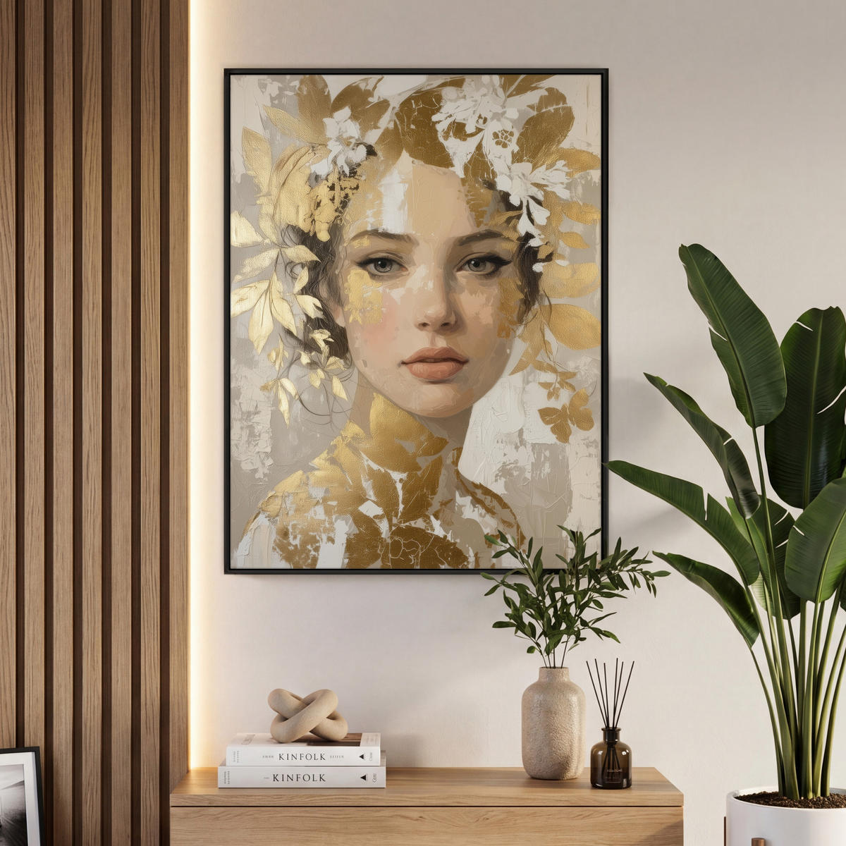 LEINWAND Bilder mit Rahmen - Gesicht - Frau - Blätter - Gold - 70x100 - Beige, Textil (70/100cm) - MuchoWow