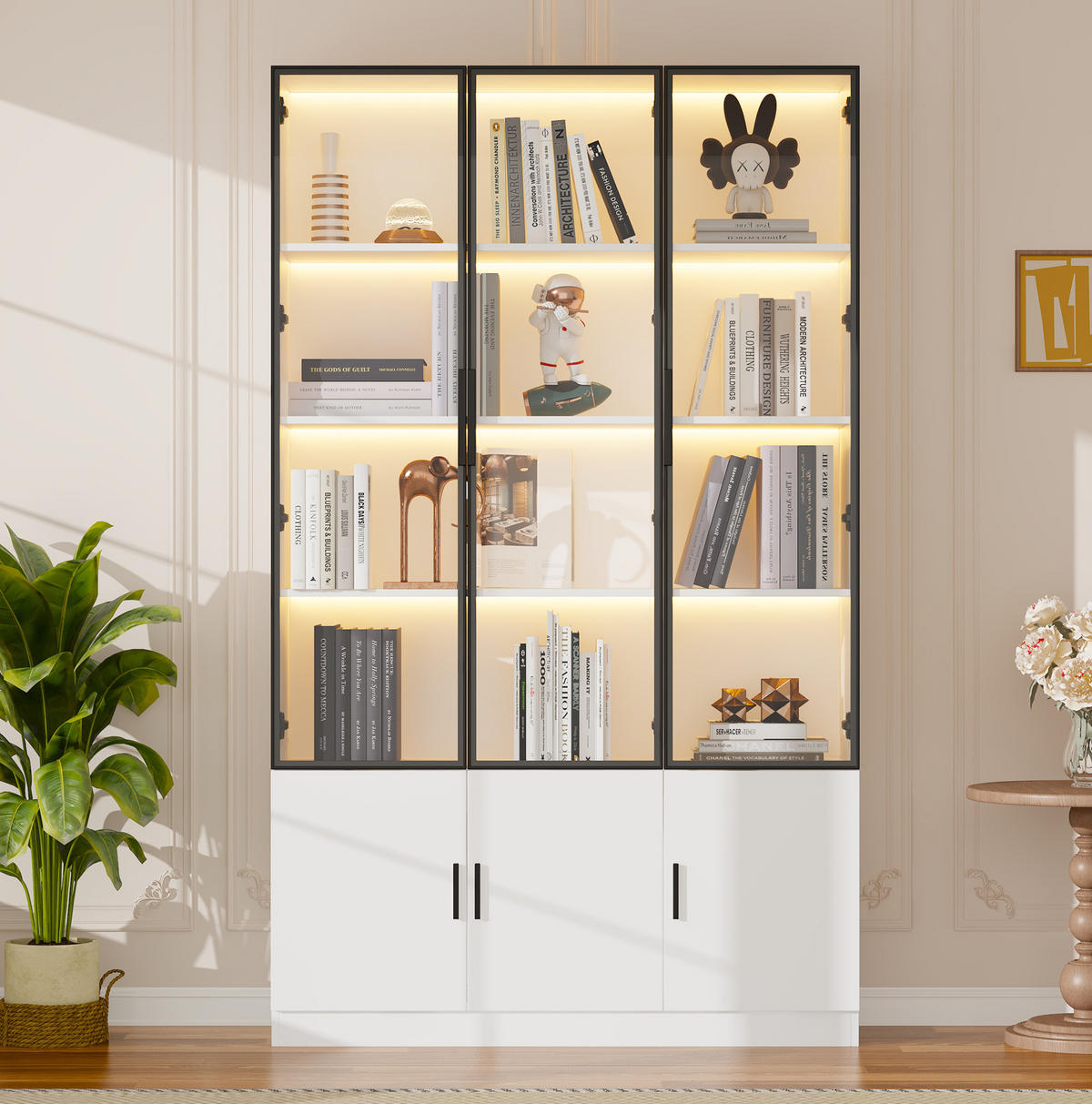VITRINE 120/32/200 cm aus MDF mit Glastüren, LED-Beleuchtung und Sanftschluss Weiß - Weiß, Holzwerkstoff (120/200/32cm) - Modenvie