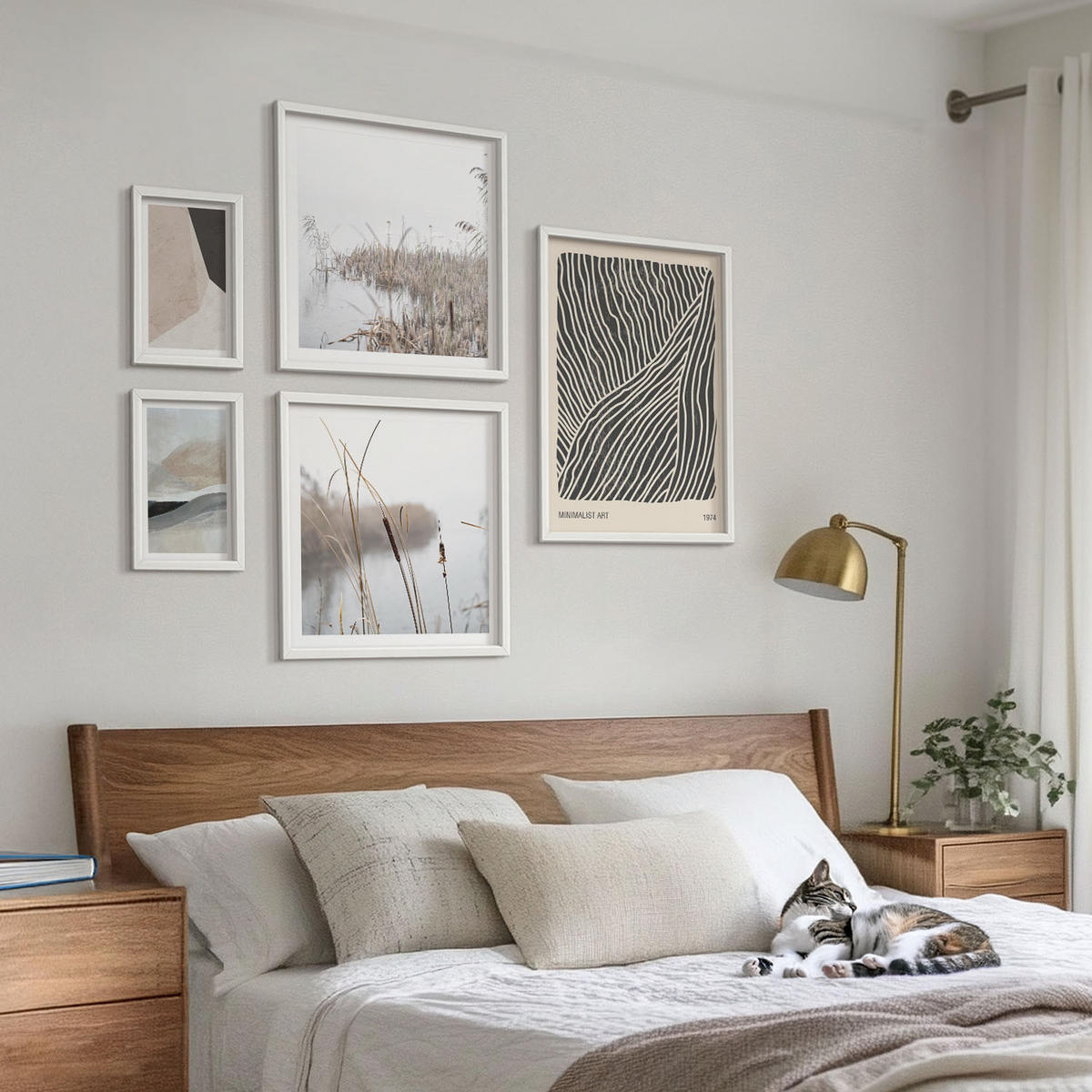 WANDBILDER 5er-Set - 50x50 cm & 20x30 cm & 40x60 cm Weißer Rahmen - Abstrakte Boho-Dekorationsmuster - Weiß, Kunststoff (40/60cm) - ArtPrintCave