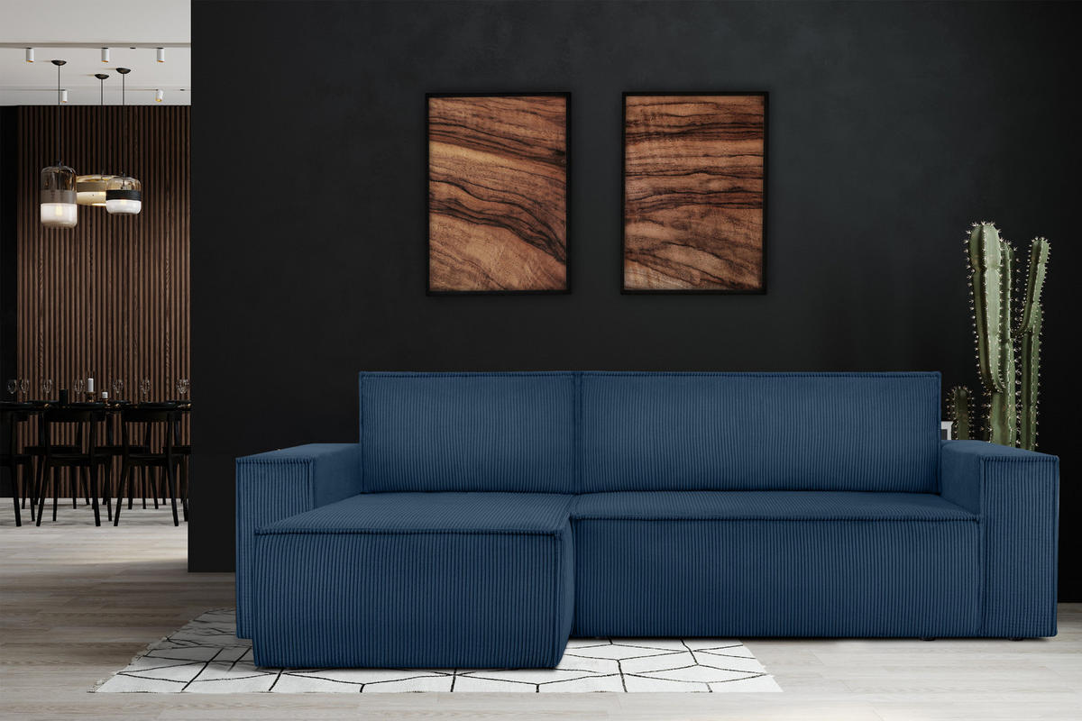 ECKSOFA-LINKS/RECHTS NAPI Schlaffunktion mit Cordbezug, blau - Blau/Schwarz, Textil (262/148cm) - KONSIMO®