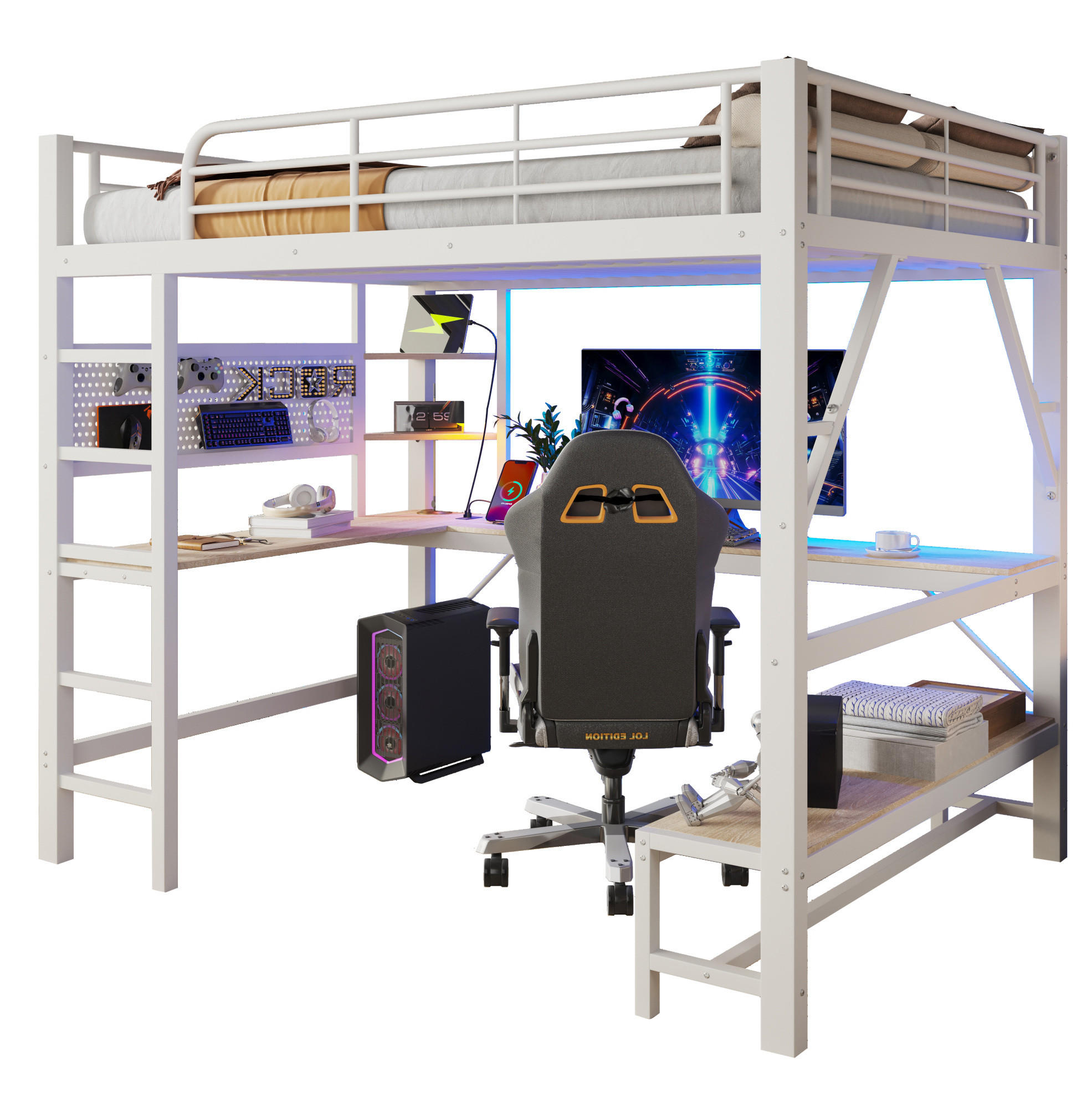 HOCHBETT aus Metall und MDF 160x200 cm Weiß mit Schreibtisch, LED-Leiste und USB-Type-C-Anschluss - Weiß, Metall (160/200cm) - Modfu