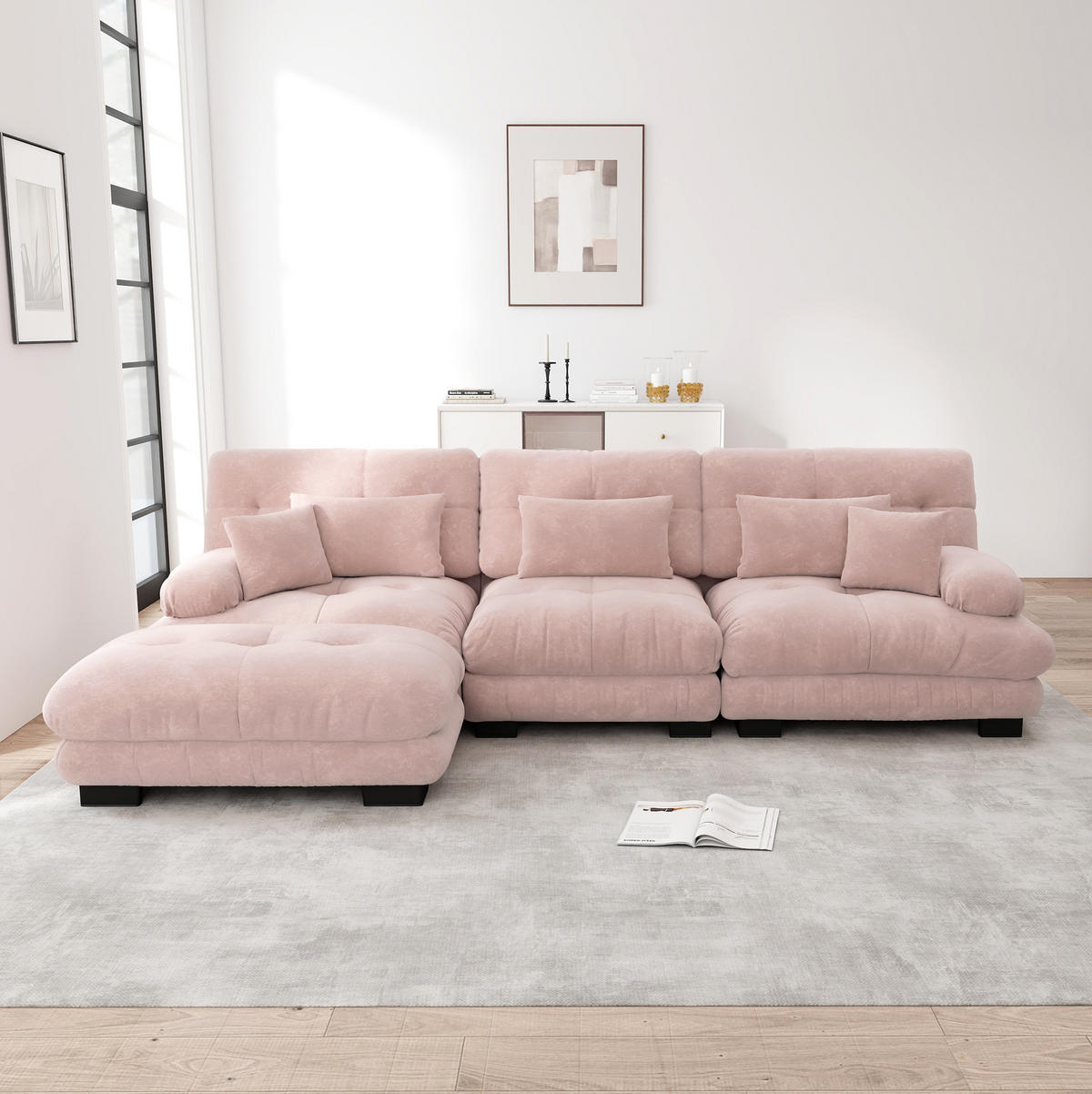 MODULARES Ecksofa mit beweglichen Ottomane, tiefem Sitz und runden Armlehnen, Pink - Pink, Textil (313/145cm) - Redom