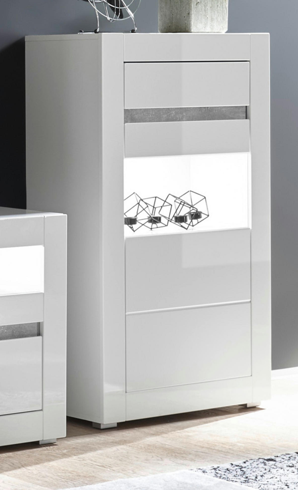 VITRINE Hochglanz weiß, mit weiß oder grau, Kommode 66 x 112 cm Soft-Close-Funktion - Weiß Hochglanz/Weiß, Glas/Holzwerkstoff (66/112/35cm) - Furn.Design