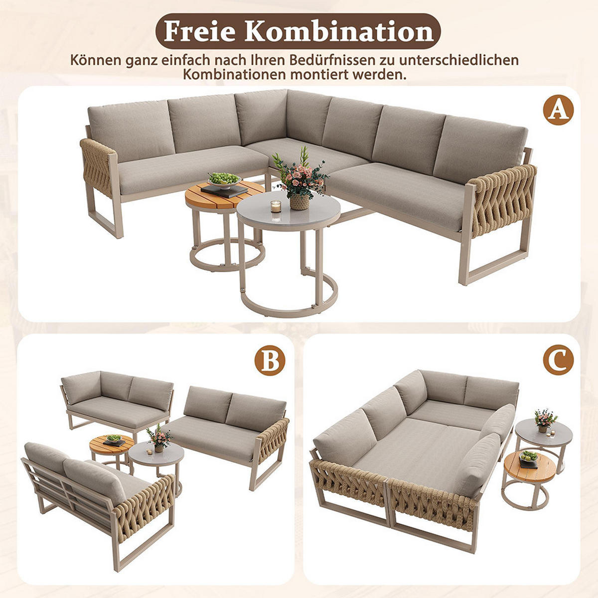 GARTENMÖBELSET für 5-6 Personen in Beige, inklusive aller Sitz- und Rückenkissen - Beige, Metall - KOMHTOM