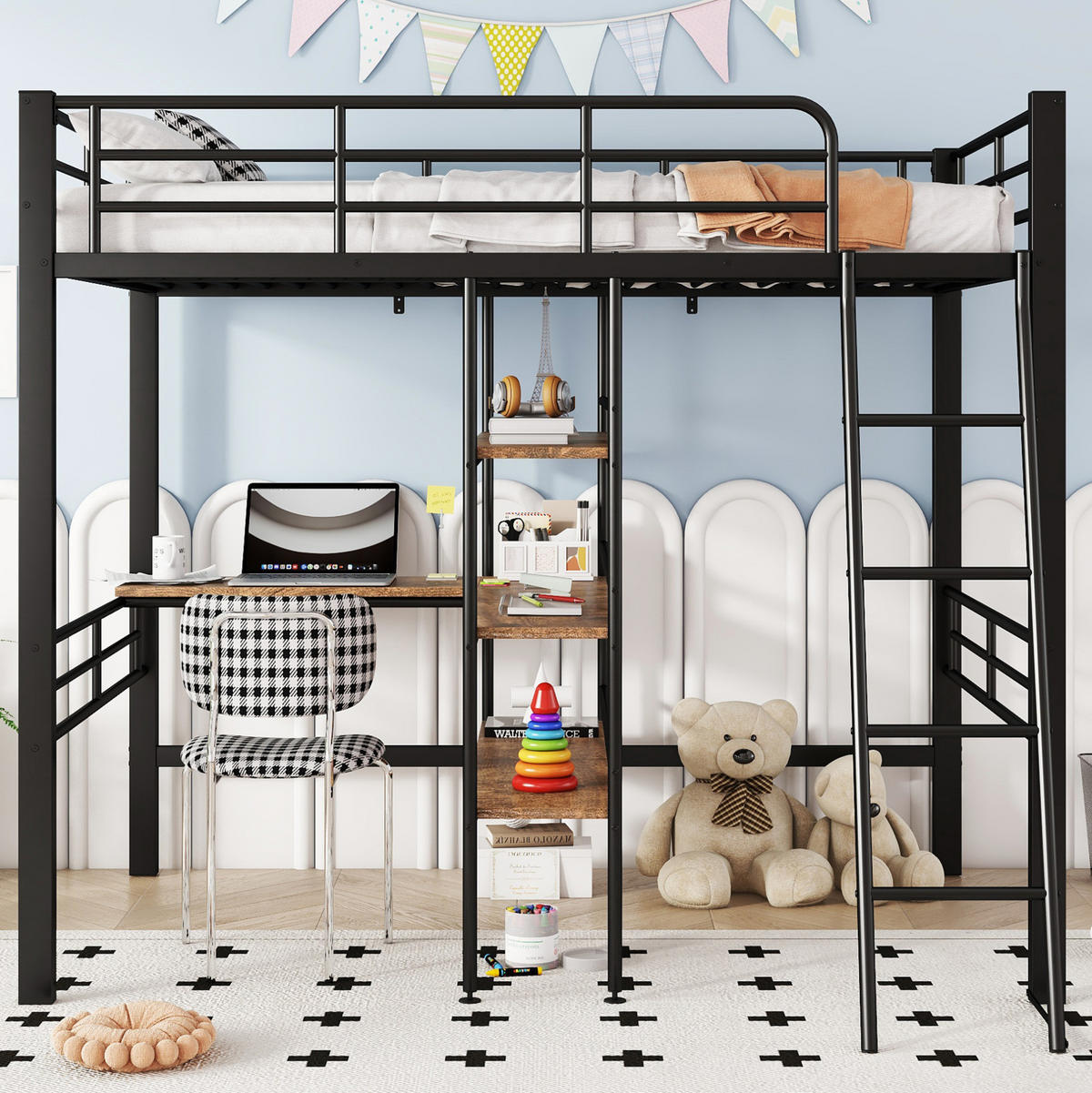 HOCHBETT 90/200 cm aus Metall mit Schreibtisch und Regalen Schwarz - Schwarz, Metall (90/200cm) - Modenvie