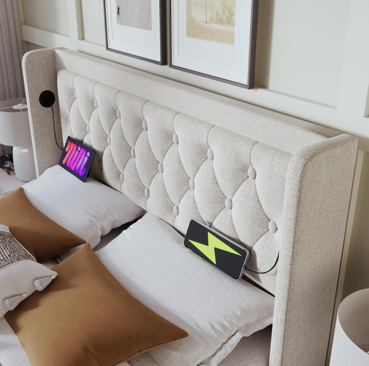 ČALOUNĚNÁ postel 140/200 cm béžová z bavlny s úložným prostorem LED USB-C a matrací - béžová, textil (140/200cm) - OKWISH