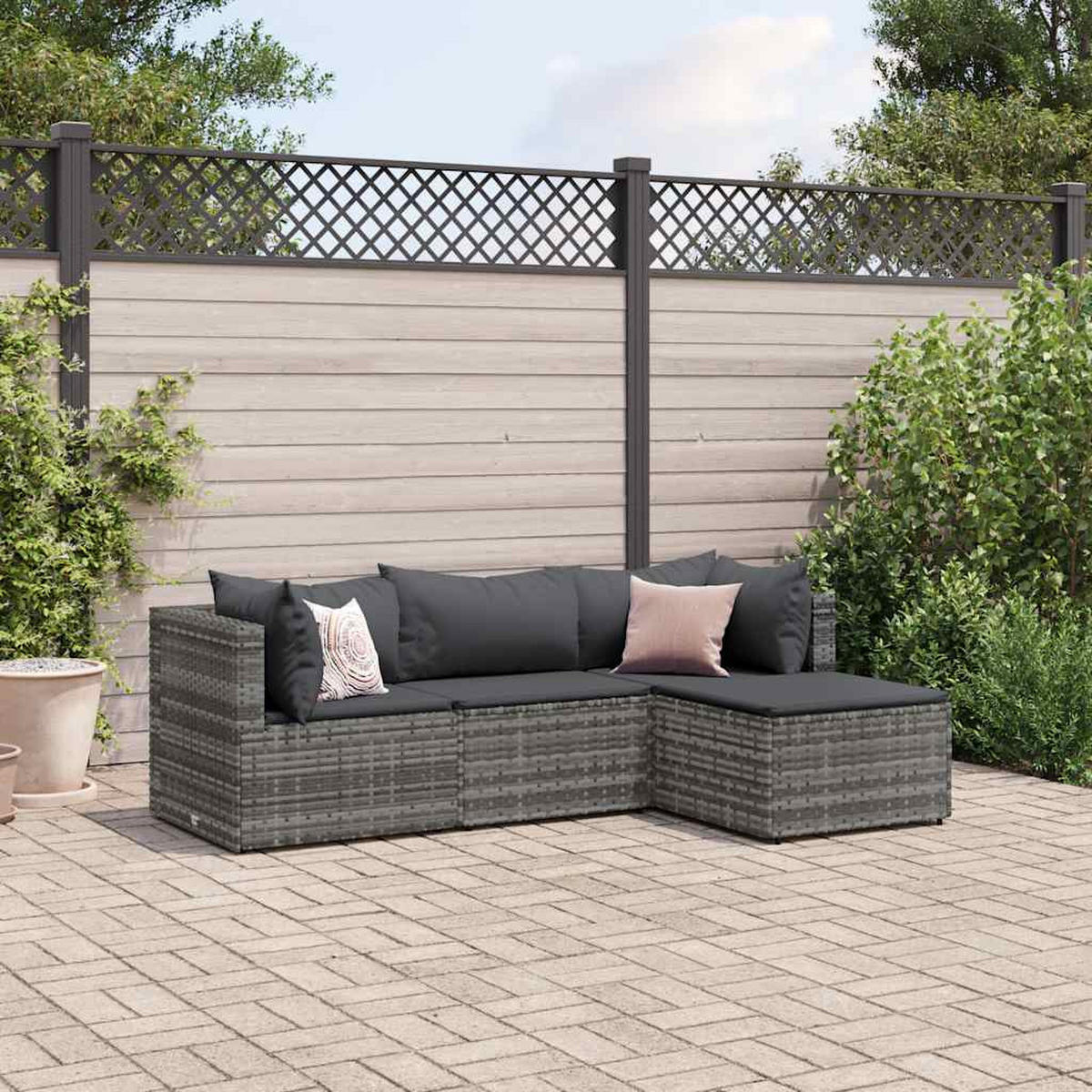 GARTEN-LOUNGE-SET 4-TLG. Mit Kissen Grau Poly Rattan - Grau, Kunststoff - vidaXL