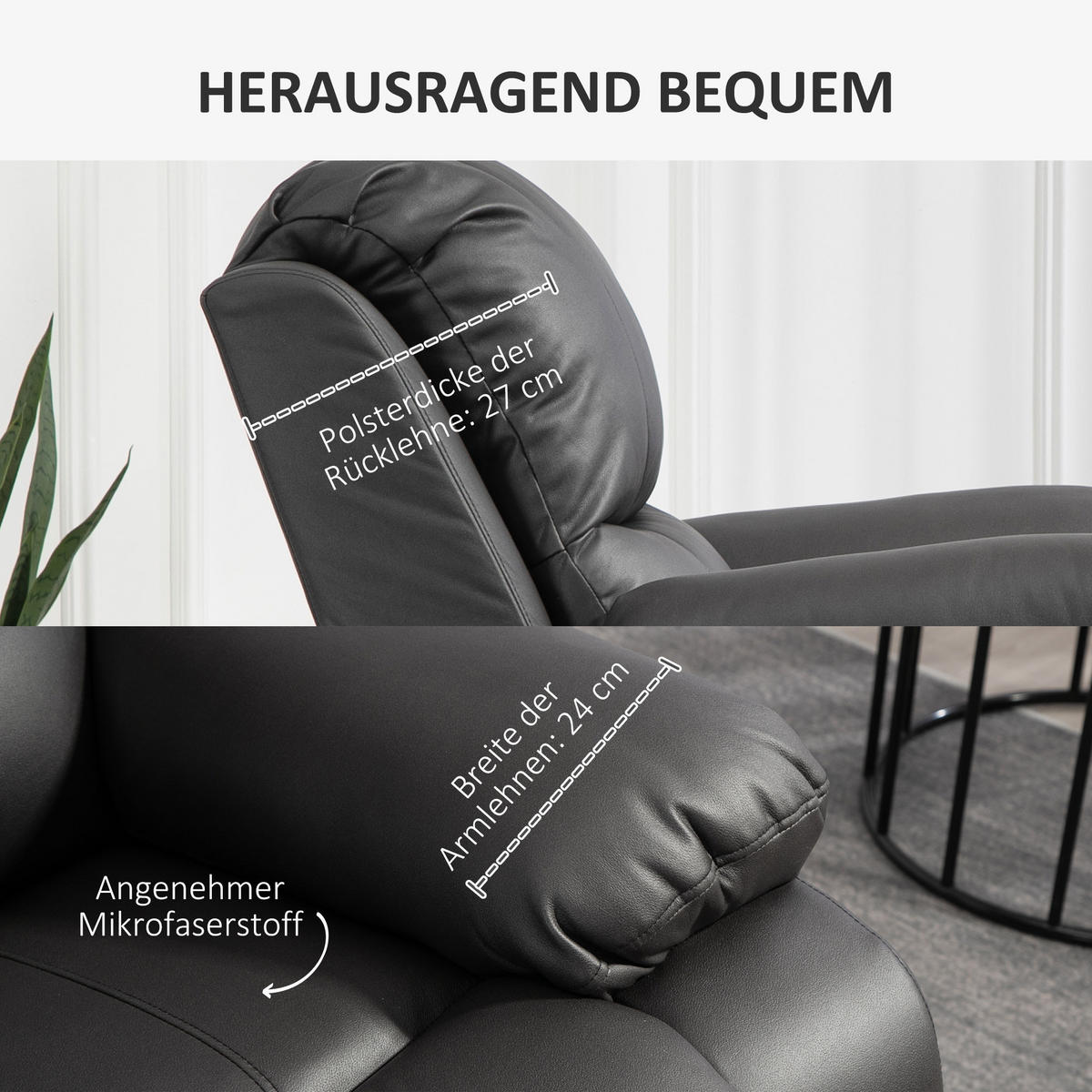 RELAXSESSEL Fernsehsessel mit Liegefunktion, Fußstütze für Wohnzimmer Schwarz - Schwarz, Textil/Metall (100/98/93cm) - HOMCOM