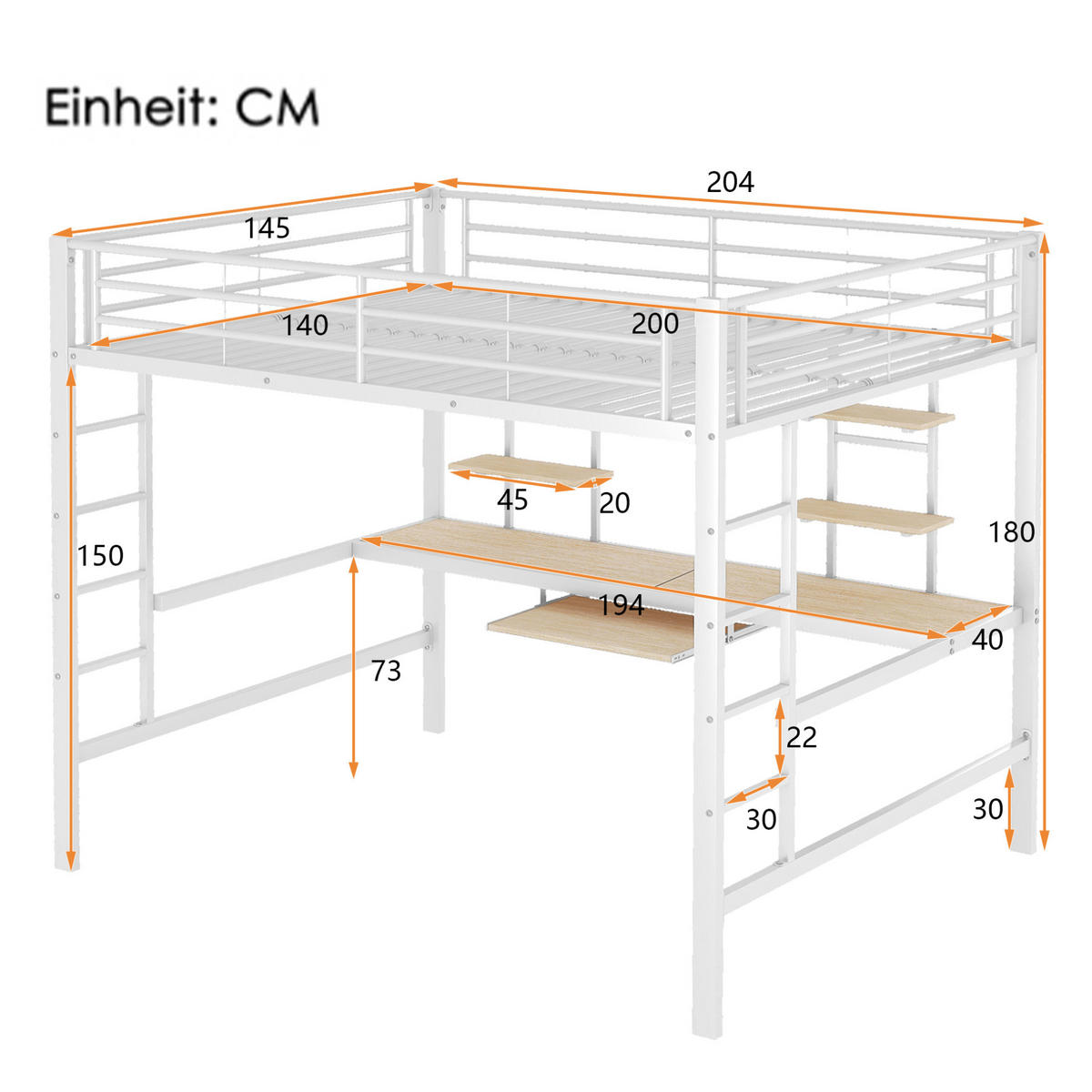 HOCHBETT 140/200 cm Weiß aus Metall mit Schreibtisch und 2 Regalen - Weiß, Metall (140/200cm) - OKMYHOME