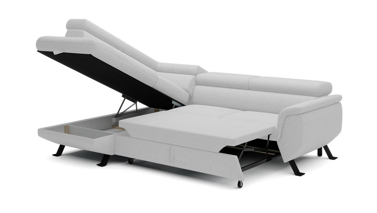 ECKSOFA RAVEN L mit Schlaffunktion und Bettkasten, Freistehend, Polstersofa mit Verstellbaren Kopfstützen, 257x198x96 cm, Linke, Weiß - Weiß, Holz/Textil (198/256cm) - DomoHome