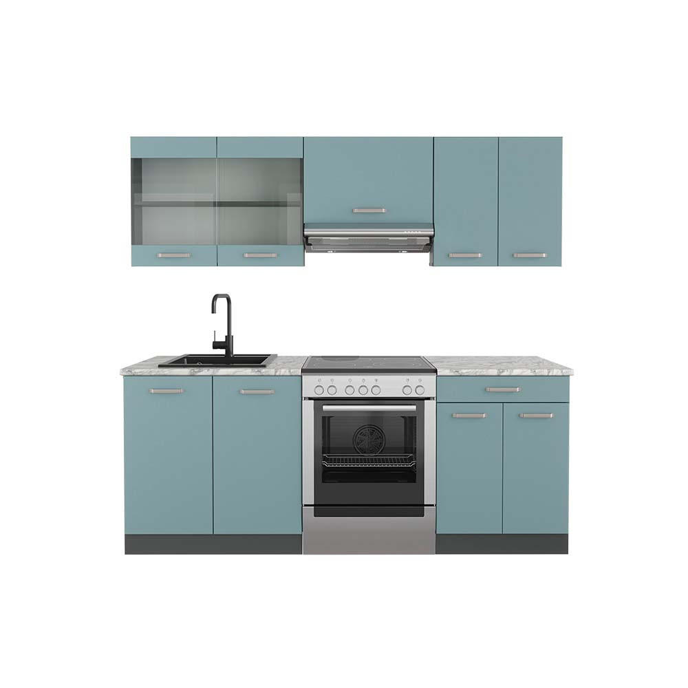 KÜCHENZEILE R-Line Blau-Grau/Anthrazit 200 cm, AP Marmor - Anthrazit/Blaugrau, Holzwerkstoff (200/81.6/60cm) - Vicco