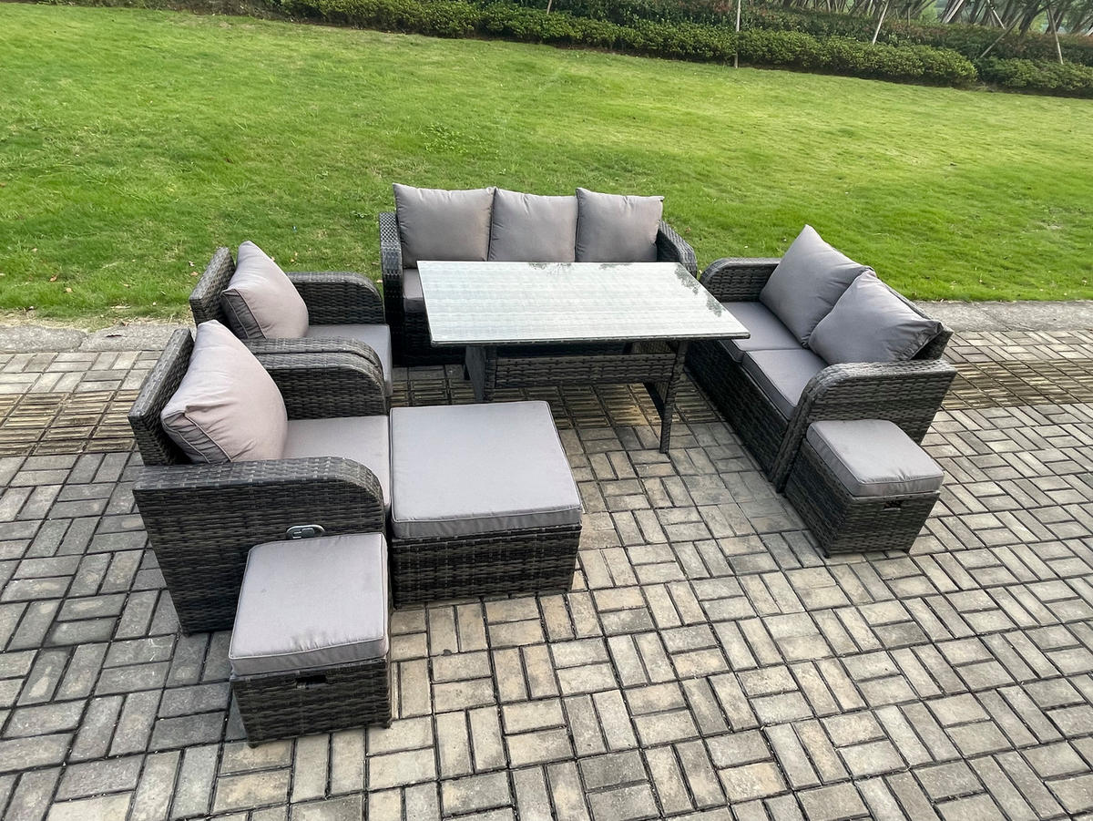 Gartenmöbelset mit Esstisch,3-Sitzer Sofa,3 Hockern Polyrattan Dunkelgrau 10-Sitzer - Dunkelgrau/Grau, Glas/Kunststoff - Fimous