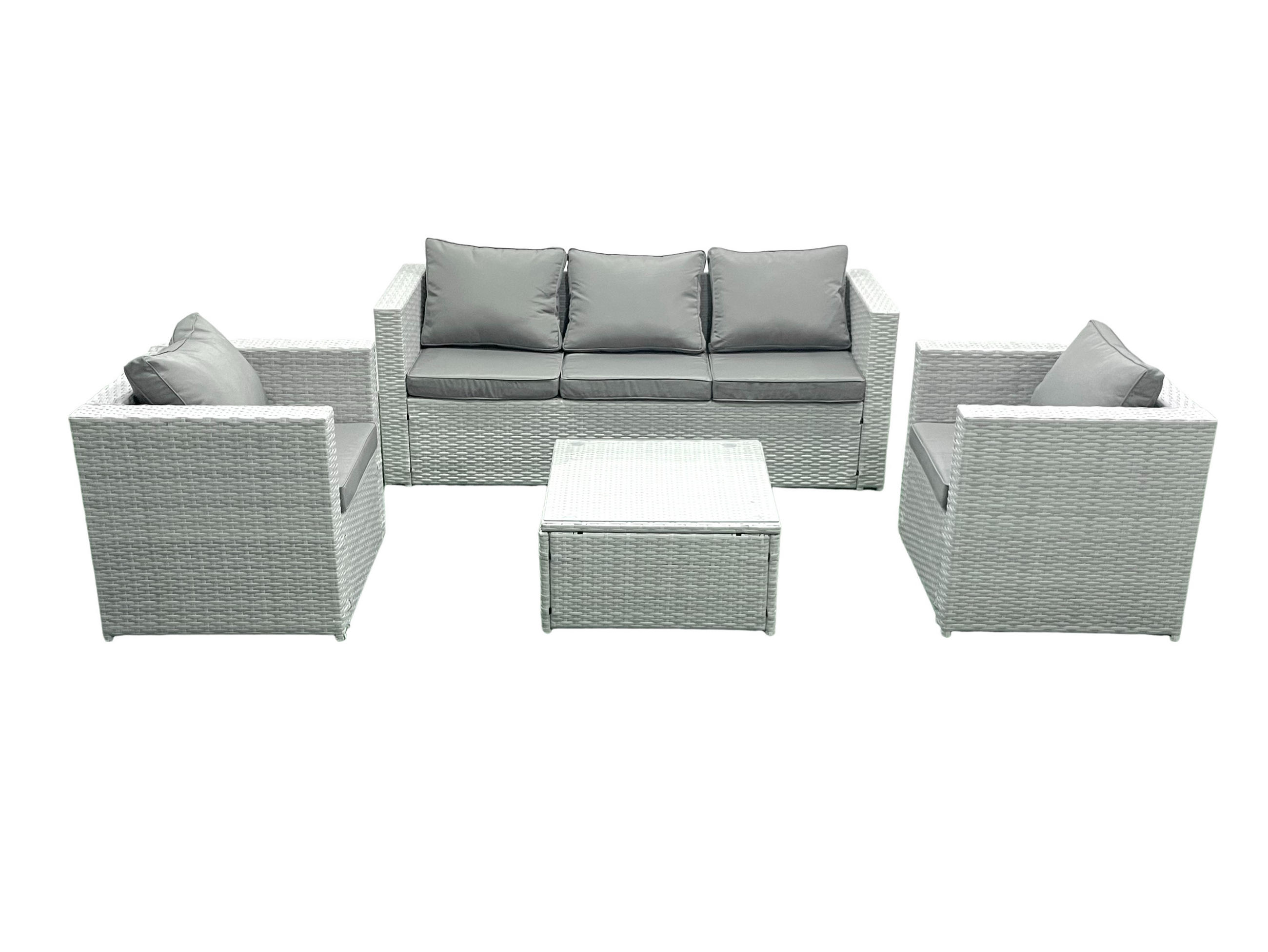 GARTENMÖBEL-SET mit Kissen Polyrattan Hellgrau-Mix 5-Sitzer - Hellgrau/Grau, Glas/Kunststoff - Fimous