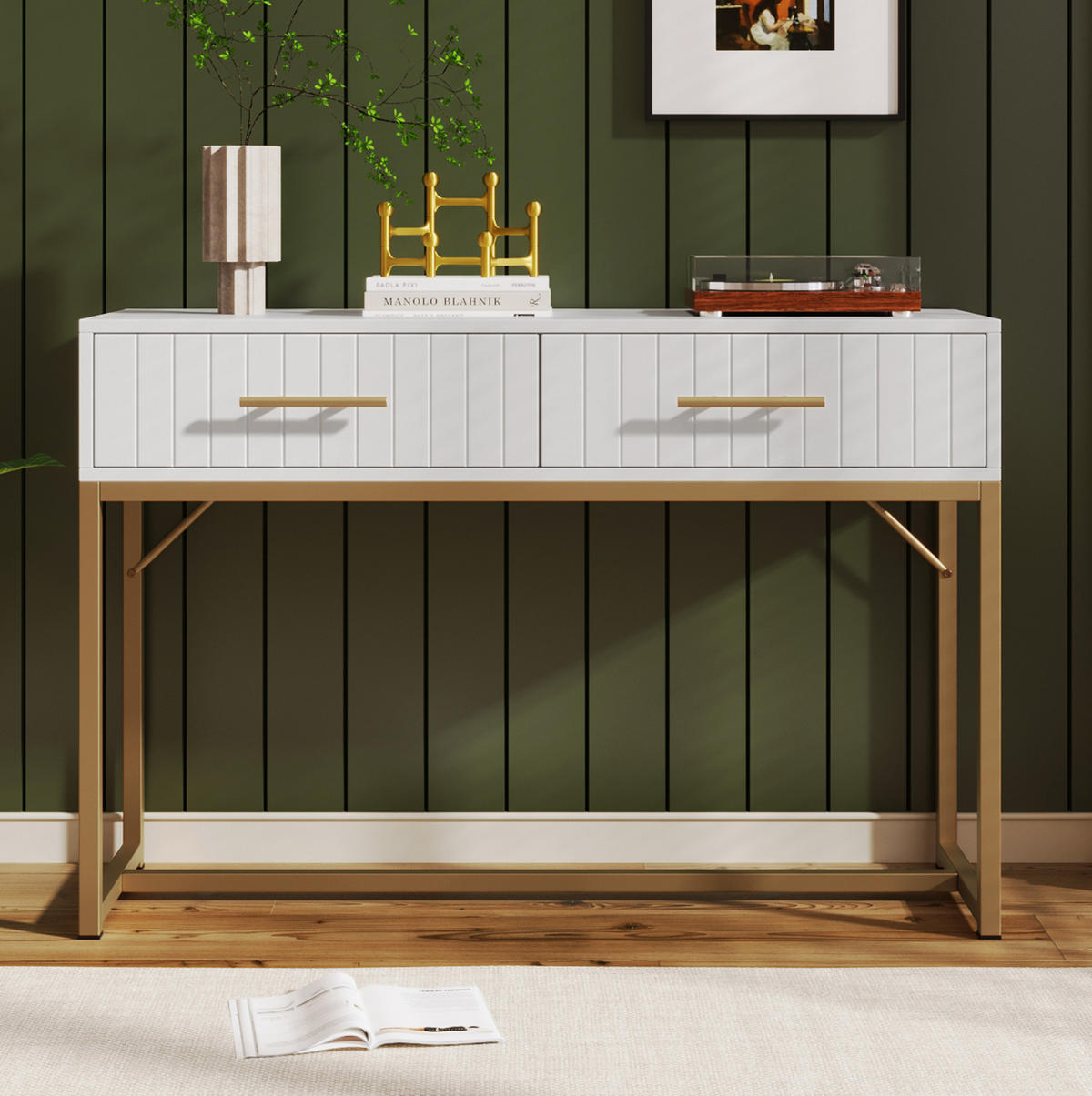 SCHMINKTISCH 100/45/75 cm mit 2 Schubladen, geriffelter Front und Metallsockel aus Spanplatte, Weiß - Weiß, Holzwerkstoff (100/45/75cm) - Redom
