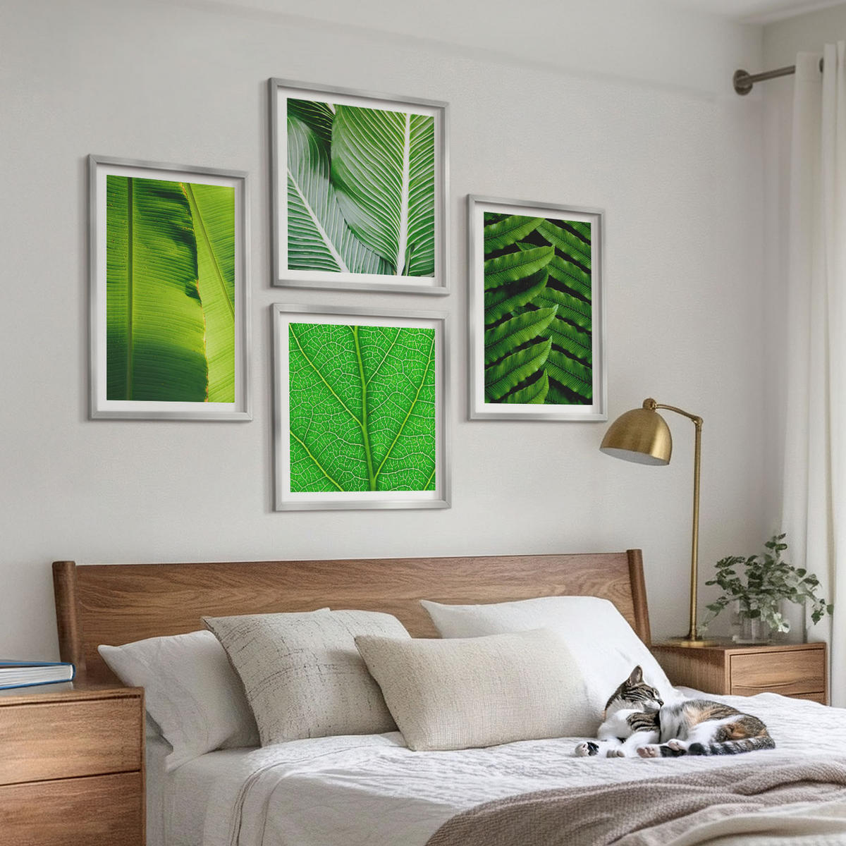 WANDBILDER 4er Set - 50x50 cm & 40x60 cm Silberner Rahmen - Nahaufnahme von tropischen Blättern - Silberfarben, Kunststoff (50/50cm) - ArtPrintCave