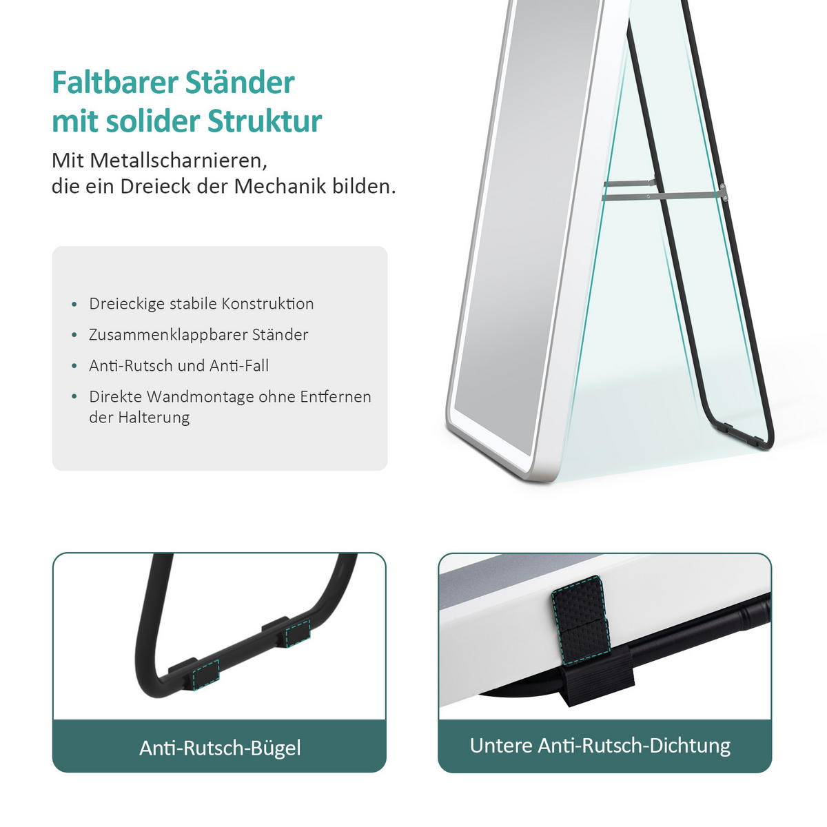 STANDSPIEGEL mit Beleuchtung und Rahmen weiß 160/60 cm - Weiß, Glas/Metall (60/160/160cm) - EMKE
