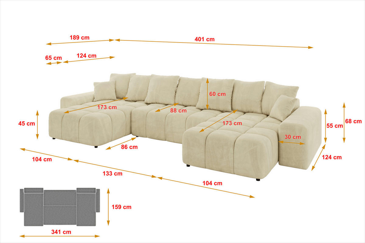 WOHNLANDSCHAFT ENIL-U 401x189x68 Beige Velours - Beige, Holzwerkstoff/Kunststoff (401/68/189cm) - ALTDECOR