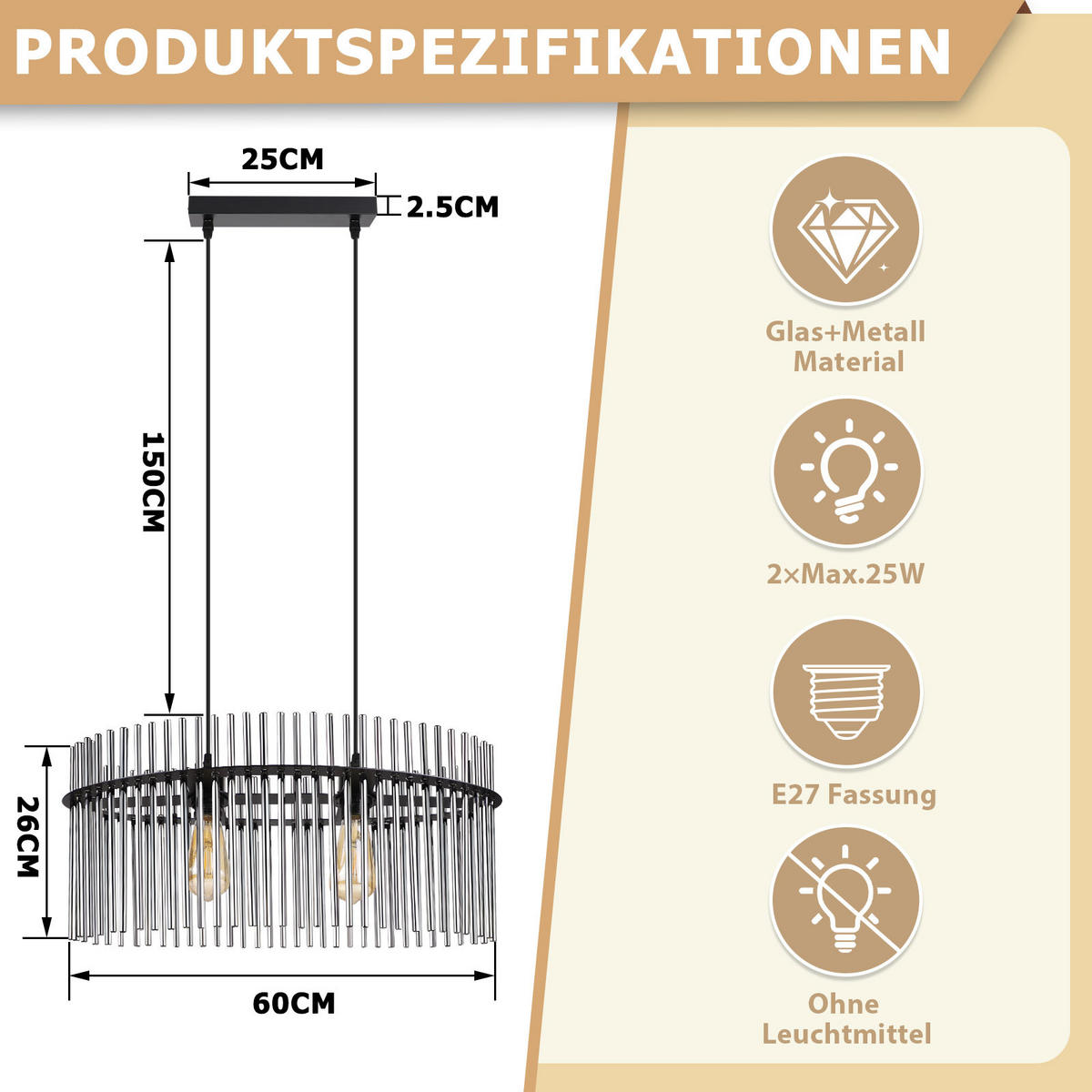 PENDELLEUCHTE Clover 25/60/150 cm - Schwarz, Glas (25/60/150cm) - ZMH