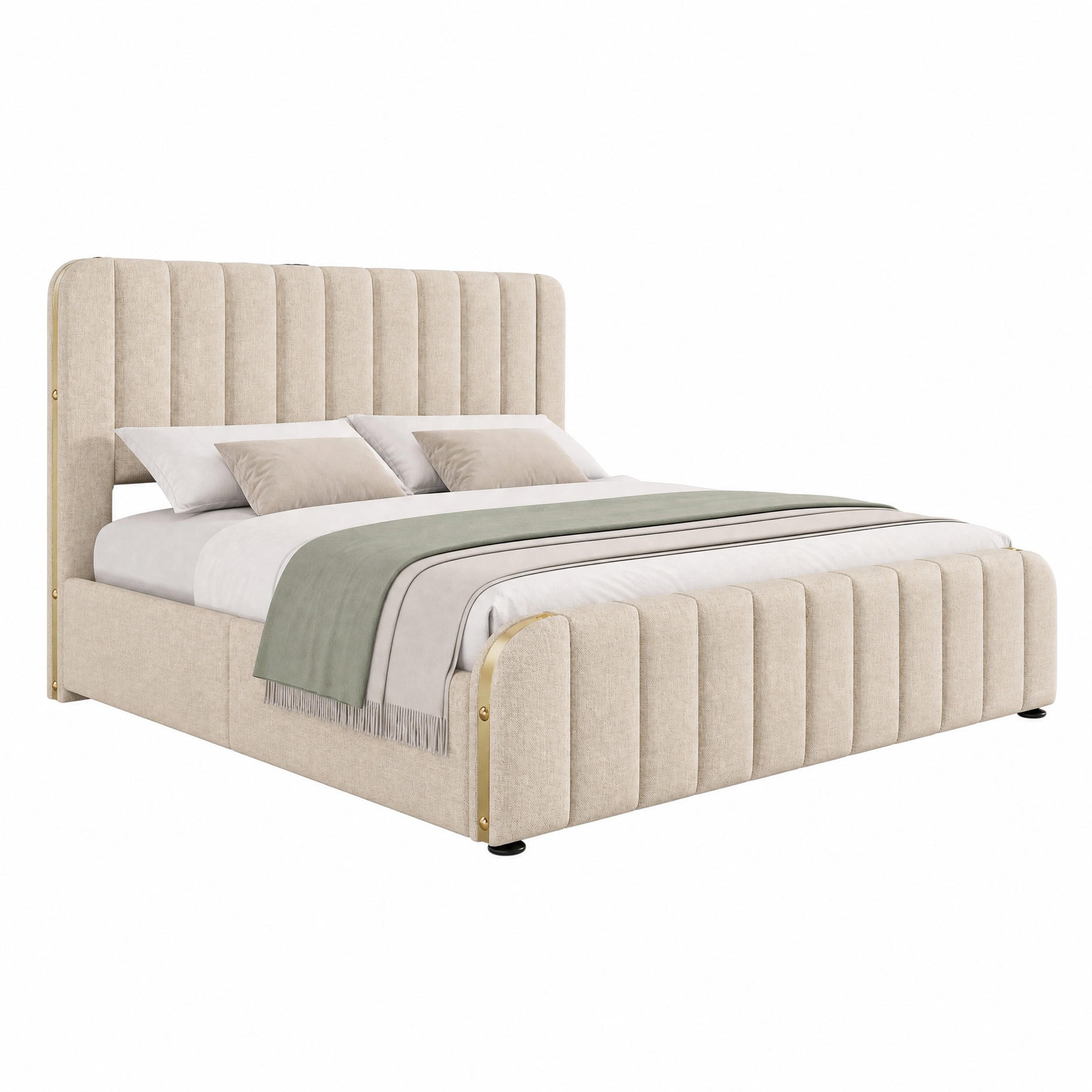 POLSTERBETT mit Matratze USB/Typ-C 140x200 cm Beige Leinen 4 Schubladen - Beige, Metall (140/200cm) - Meubliv