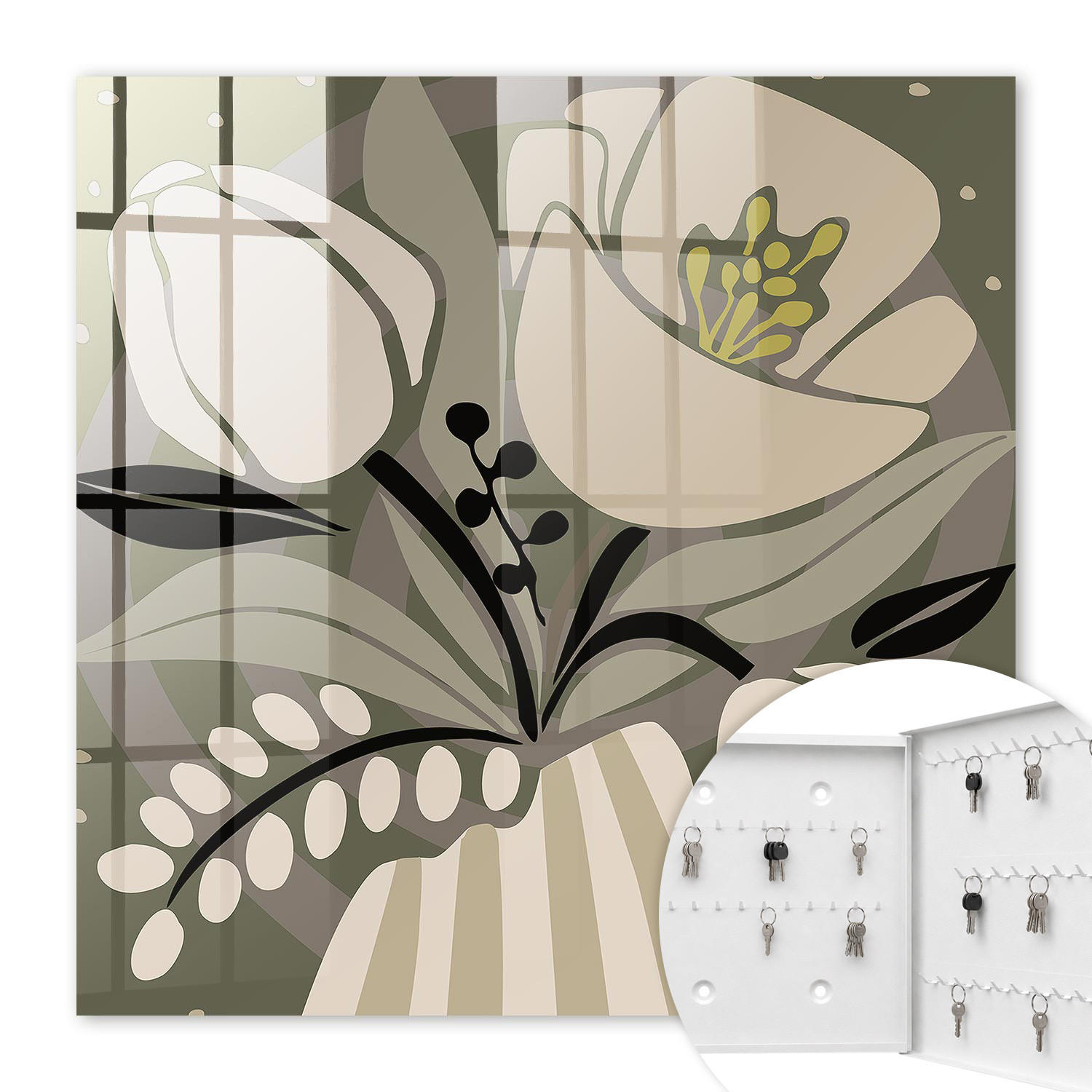 SCHLÜSSELBOX Weiß 30x30 cm – Türöffnung nach rechts - Beige Blüten - Beige, Metall (30/30/5cm) - TULUP