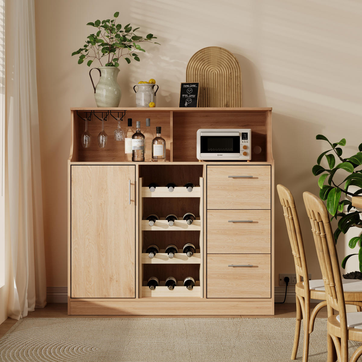 SIDEBOARD aus MDF 120x40x121 cm Natur/Weiß mit LED-Beleuchtung, Steckdose, Weinregal und Gläserhalter - Weiß, Holzwerkstoff (120/121/40cm) - Modfu