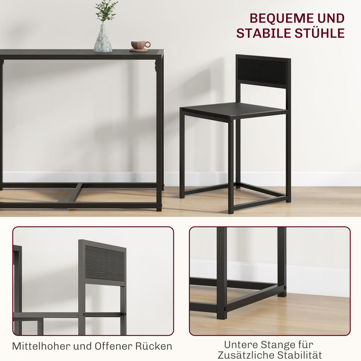 ESSGRUPPE mit 1 Tisch und 2 Stühlen Schwarz 90.0/47.0/76.0 cm - Schwarz, Metall (47/76/90cm)