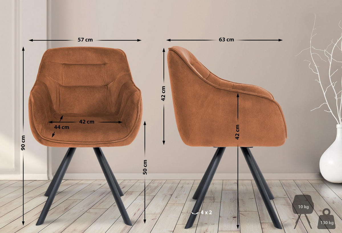 ARMLEHNENSTUHL Samt coffee - Schwarz/Braun, Textil/Metall (57/90/63cm) - CLP