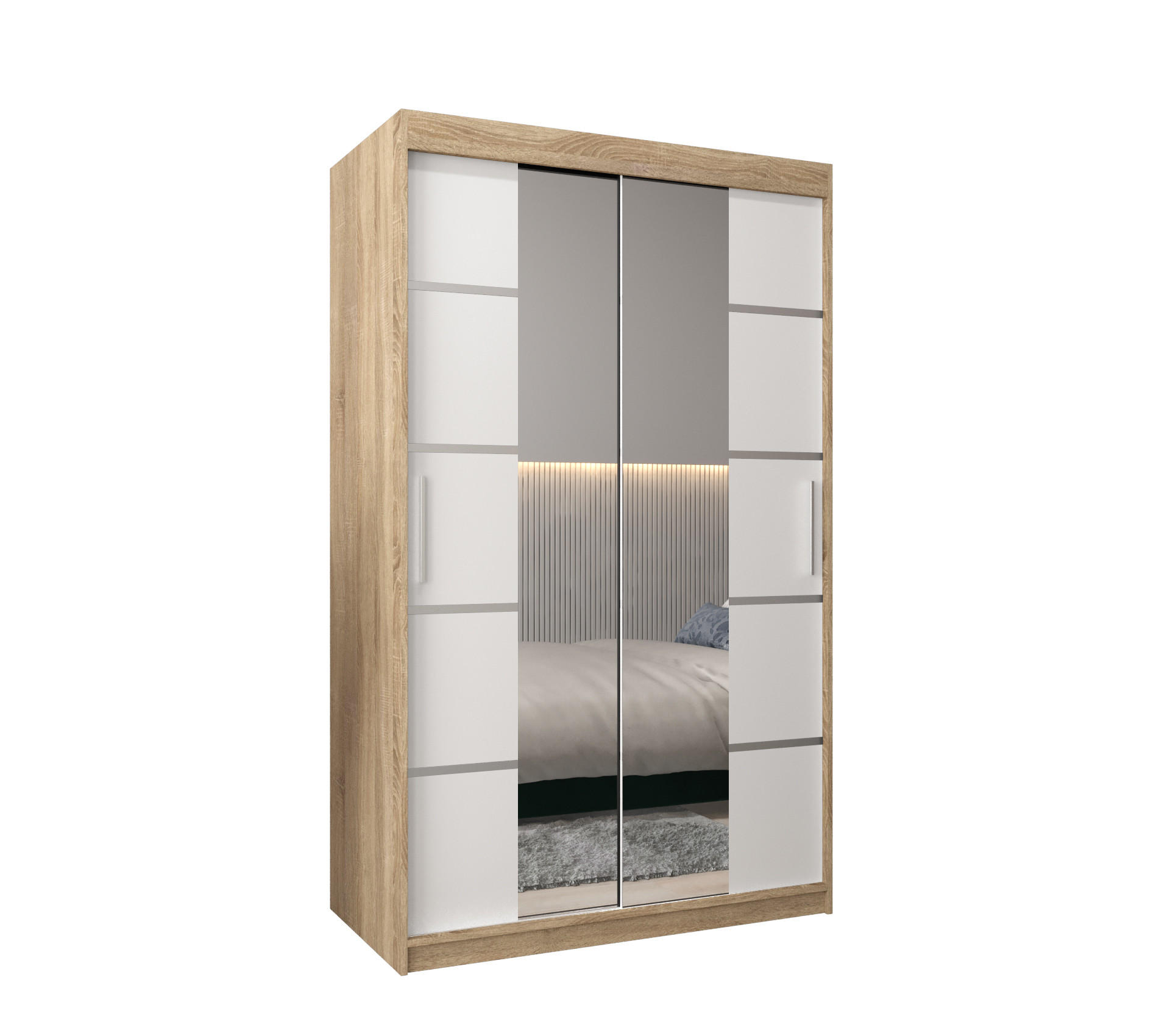 Abiks Möbel SCHWEBETÜRENSCHRANK Sonoma Eiche, Weiß, Silber 120cm × 62cm × 200cm