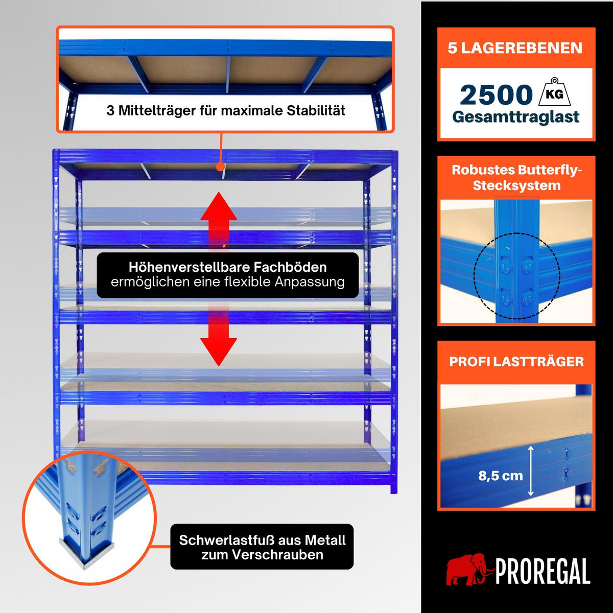 SCHWERLASTREGAL Rhino 200x200x60 cm 5 Spanplatten-Ebenen 8mm Fachlast 500 kg Blau - Blau, Metall (200/200/60cm) - PROREGAL