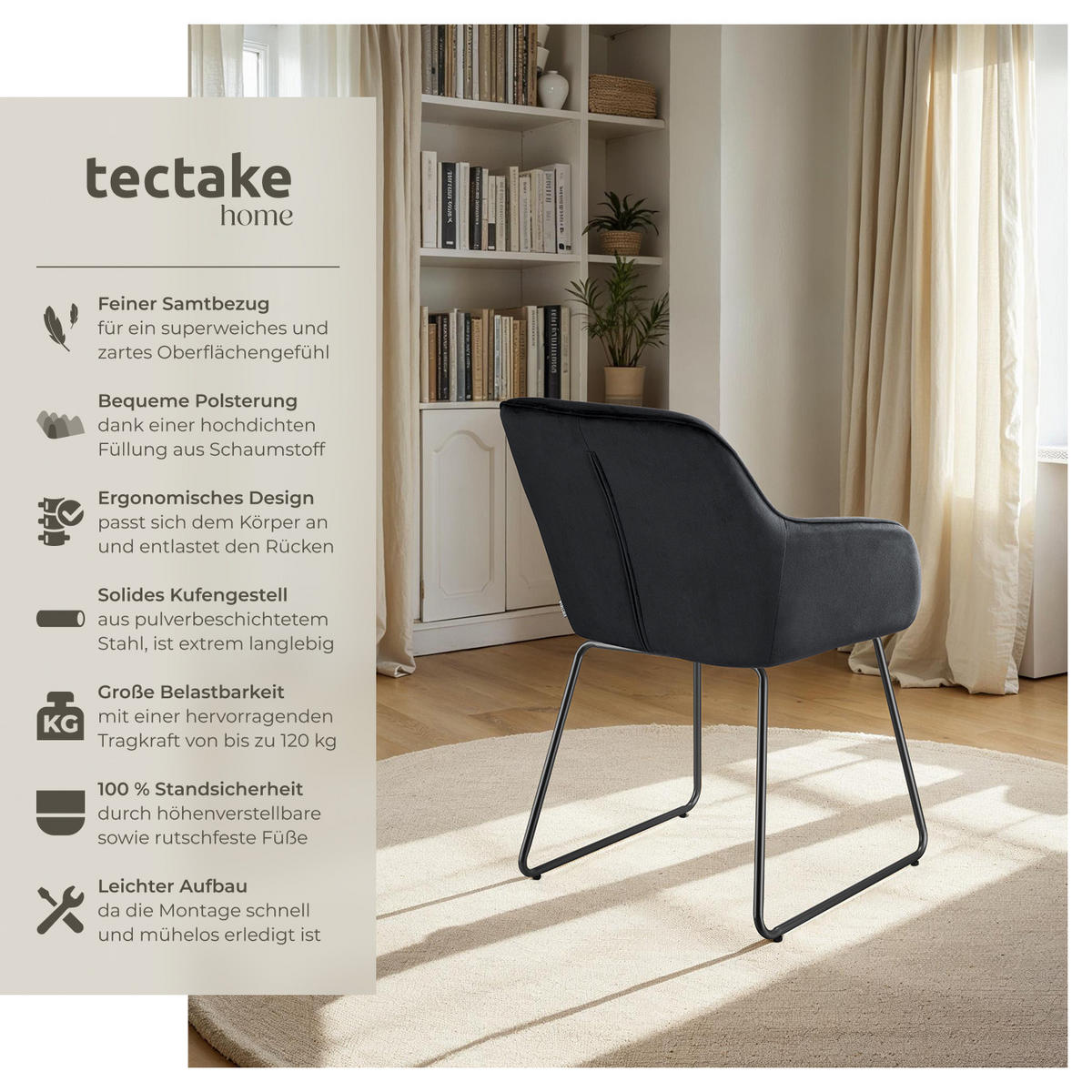 ESSZIMMERSTUHL Jeane,57 x 61 x 85,5 cm, Belastbarkeit 120 kg,Samtoptik schwarz/schwarz - Schwarz/Samtahornfarben, Kunststoff (57/85.5/61cm) - tectake